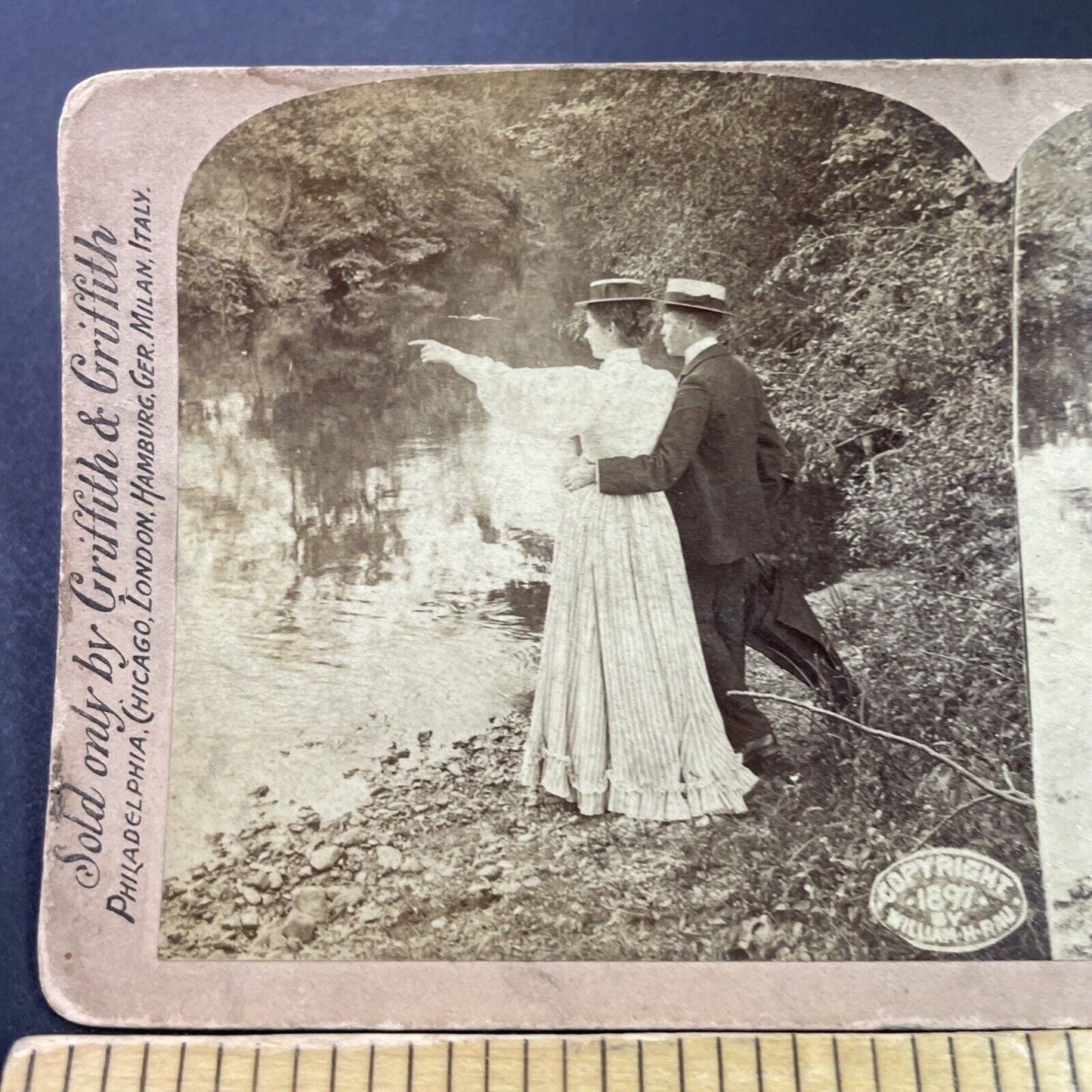 Antique 1897 Man Flirts With Woman At Pond Lake Stereoview Photo Card P3449