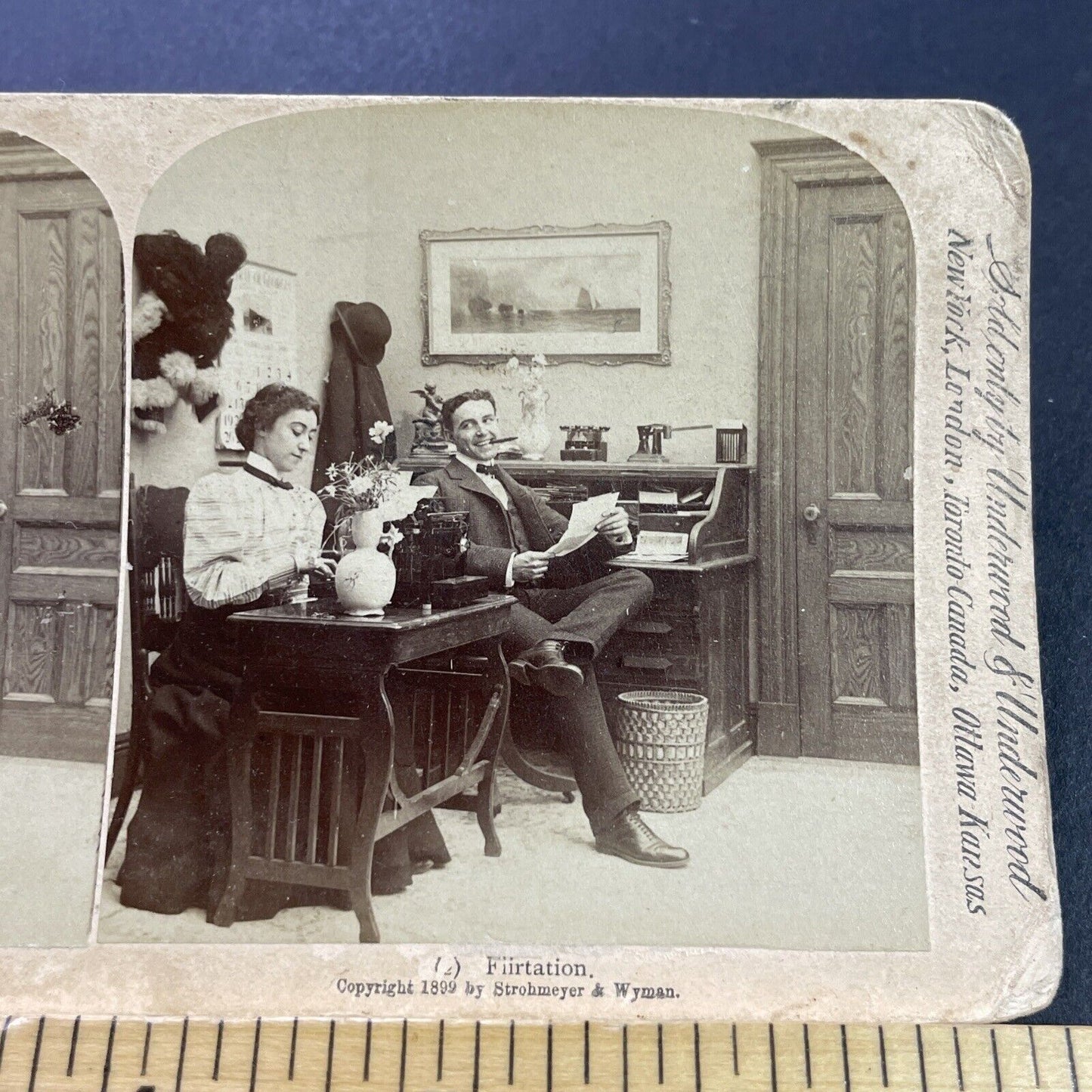 Antique 1899 Man Smokes Cigars Beside Secretary Stereoview Photo Card P4081