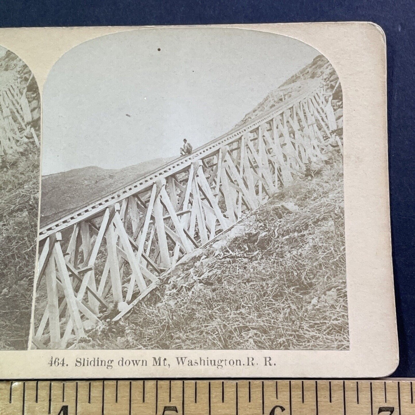 Worker Sliding Down A Railroad Bridge Stereoview Photo Card Antique c1870 X1005