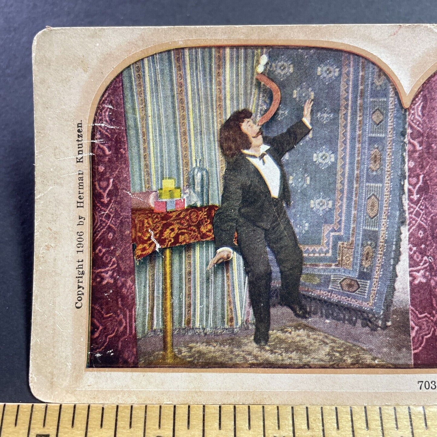 Antique 1906 Circus Magician Balancing A Sausage Stereoview Photo Card Q2260