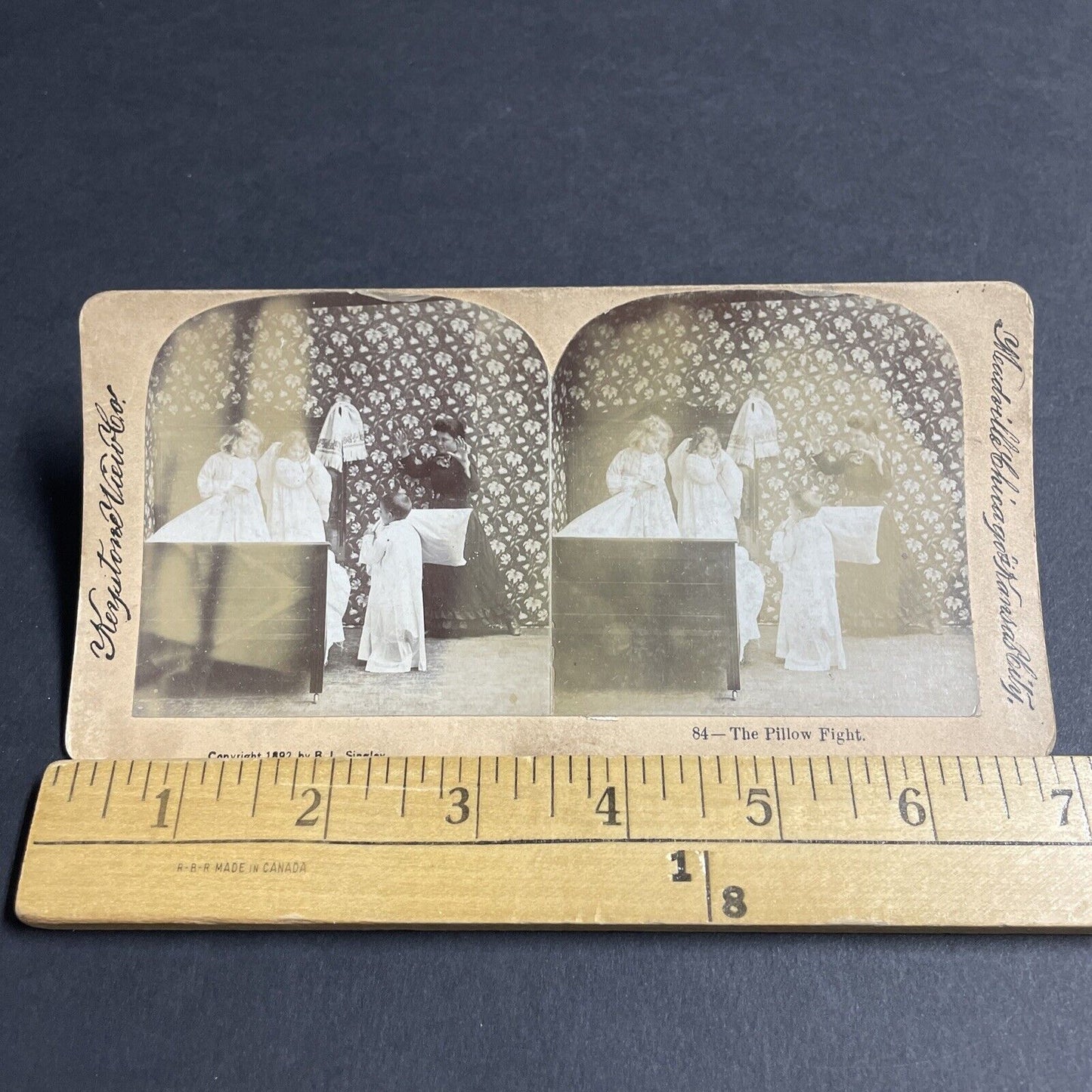 Antique 1892 Children Have Pillow Fight In Bed Stereoview Photo Card P4814