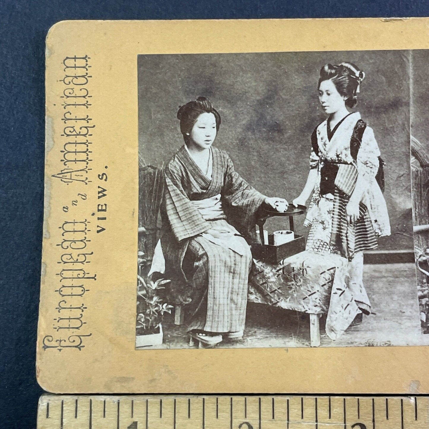Japanese Girls Drinking Tea Stereoview Kusakabe Kimbei Antique c1870 X3116 RARE