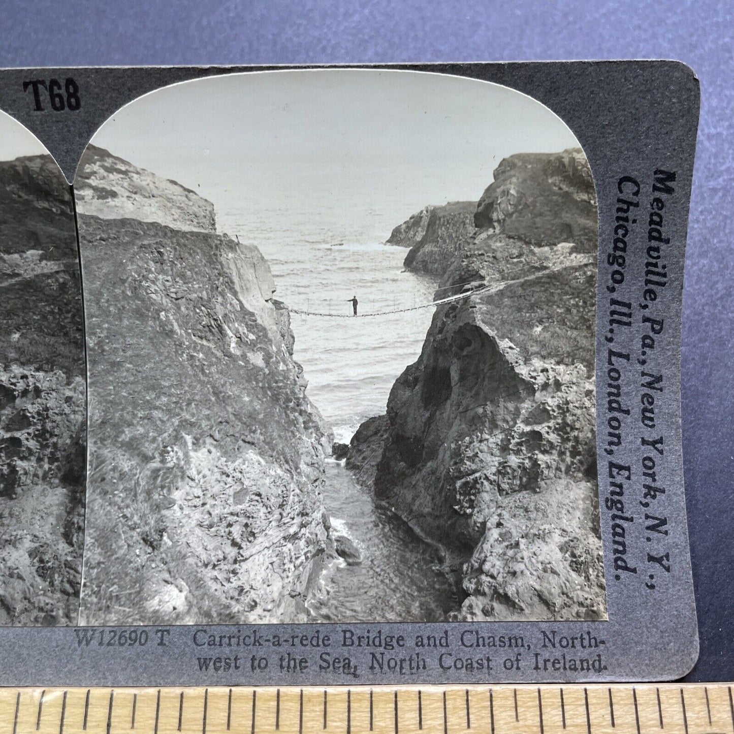 Antique 1920s Man Balancing On Rope Bridge Ireland Stereoview Photo Card V3591