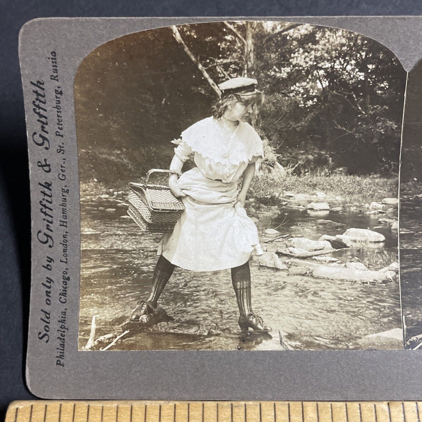 Antique 1905 Teen Woman Crosses A River Stereoview Photo Card P4739