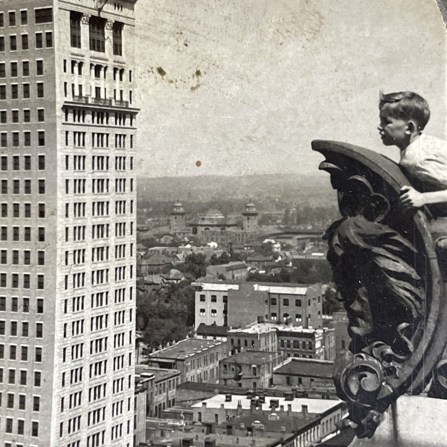 Antique 1920s Boy Climbs Skyscraper Gargoyle AL Stereoview Photo Card P4296