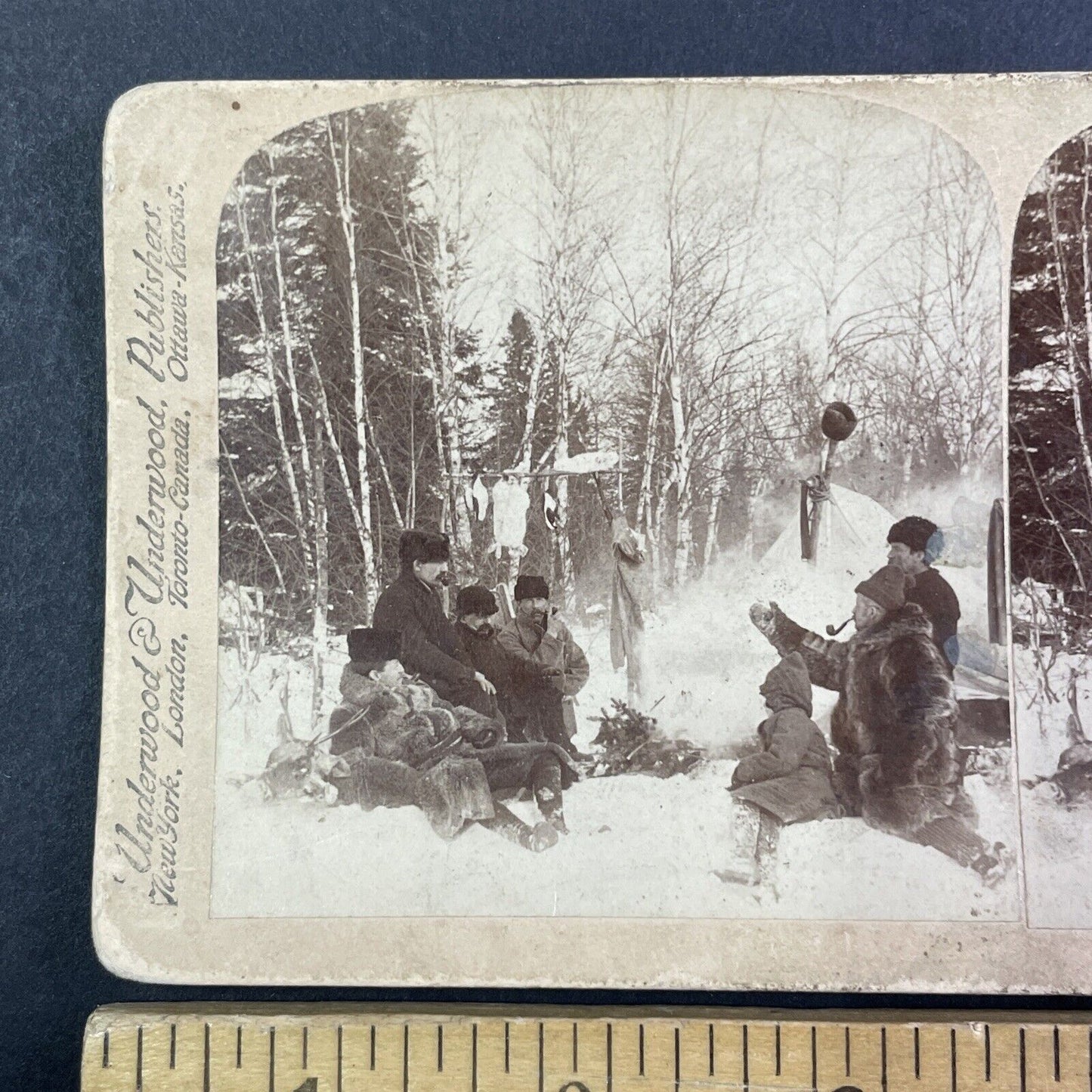 Hunters at a Winter Campfire Stereoview Strohmeyer Antique c1894 Y1390