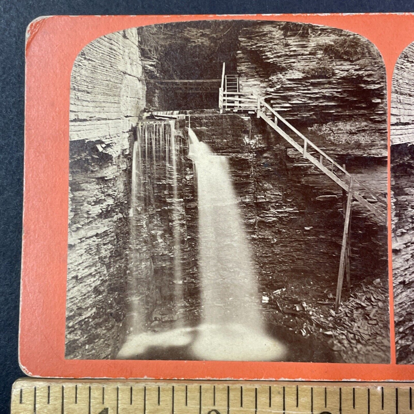 Watkins Glen Lower Cascade Falls NY Stereoview GF Gates Antique c1870 X1283