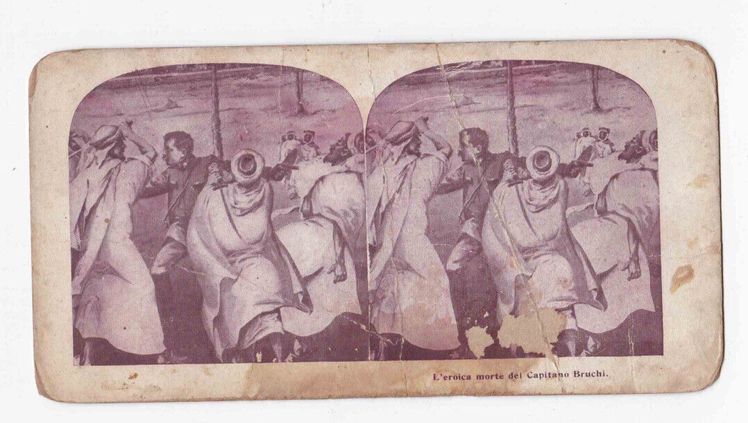 Antique 1911 The Death Of Captain Bruchi By Arab Warriors Libya Stereo Card P190