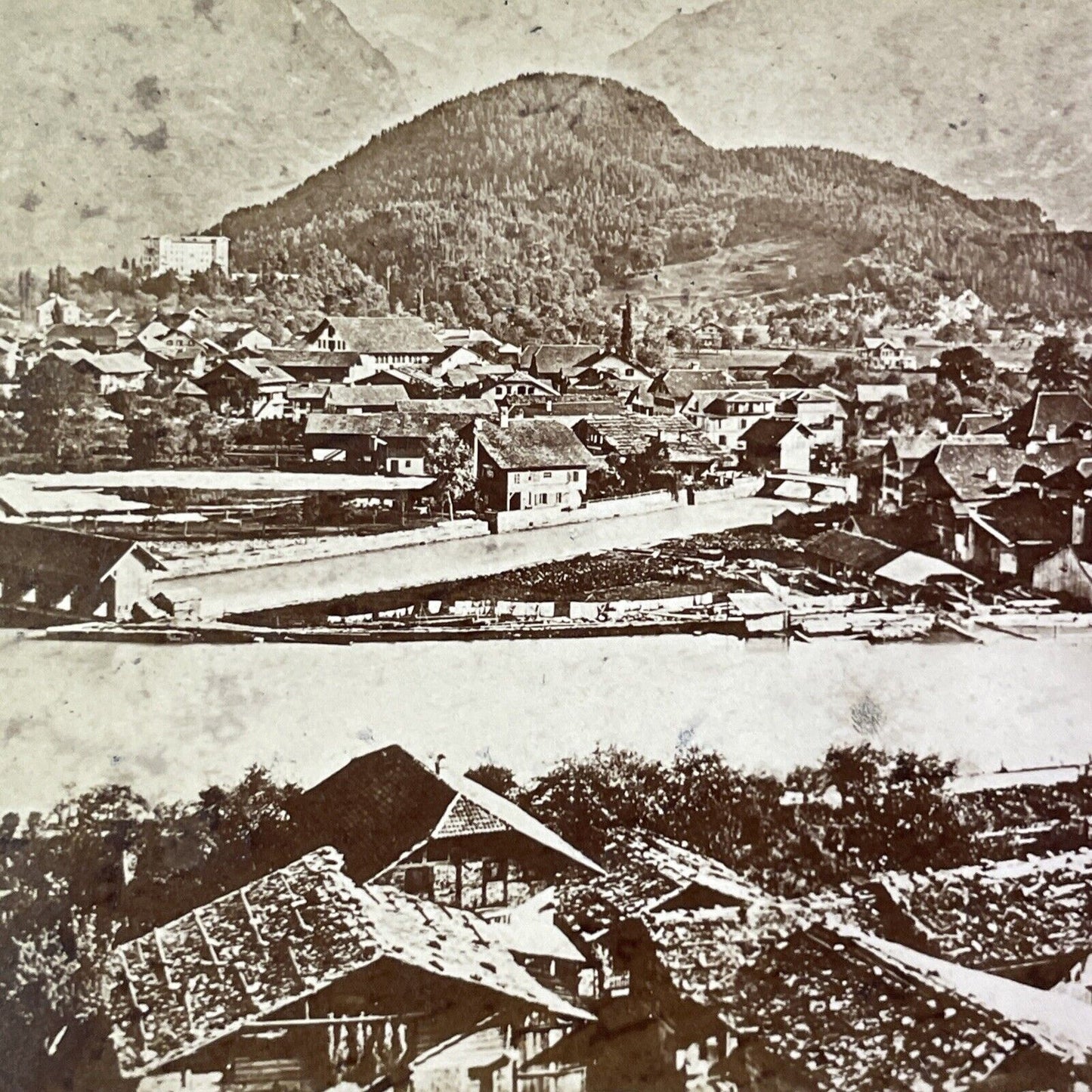 Interlacken Switzerland City View Stereoview Jungfrau Mtn Antique c1870s X4167