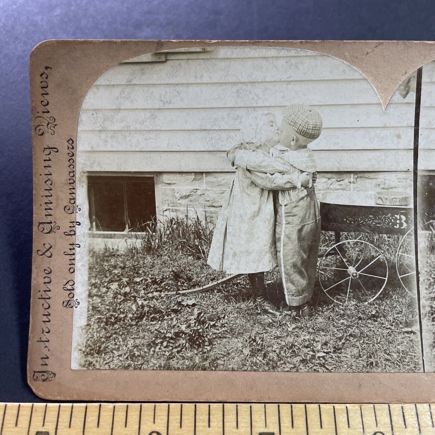 Antique 1880s Boy And Girl Kiss Near Wagon Stereoview Photo Card P4045