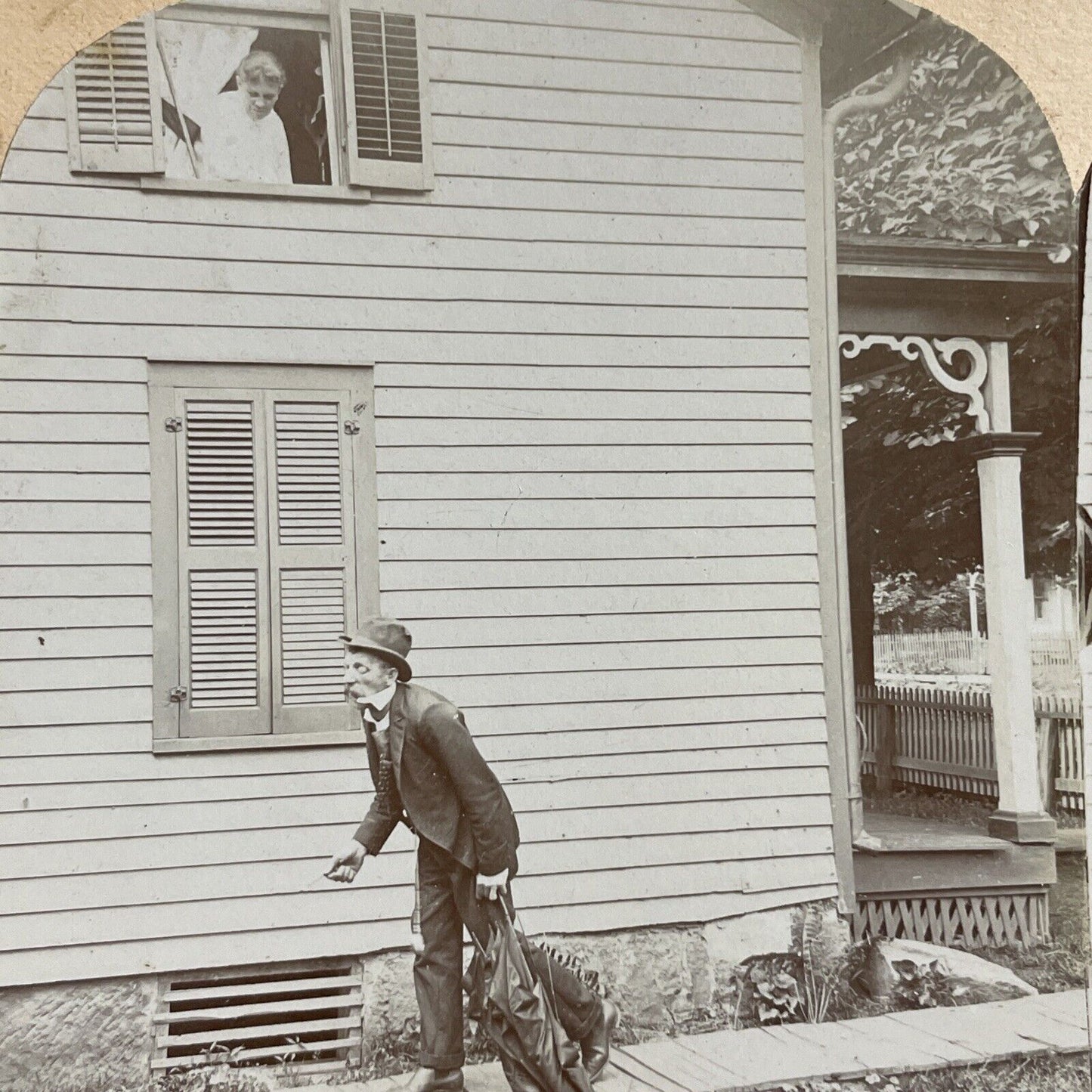 Antique 1890s Man Tries To Sneak Out Of House Stereoview Photo Card P4732