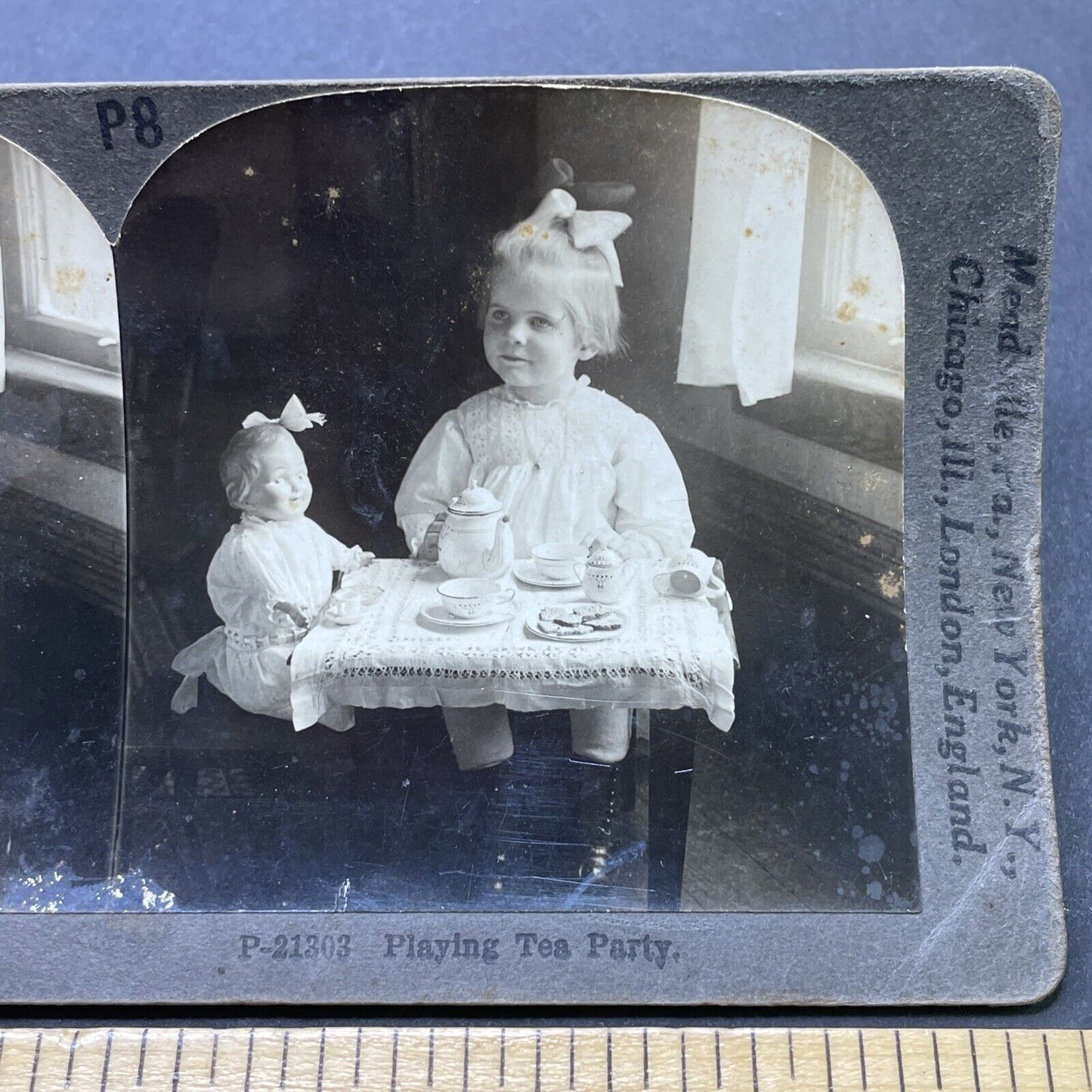 Antique 1900s Child Has A Tea Party With Doll Stereoview Photo Card P2615