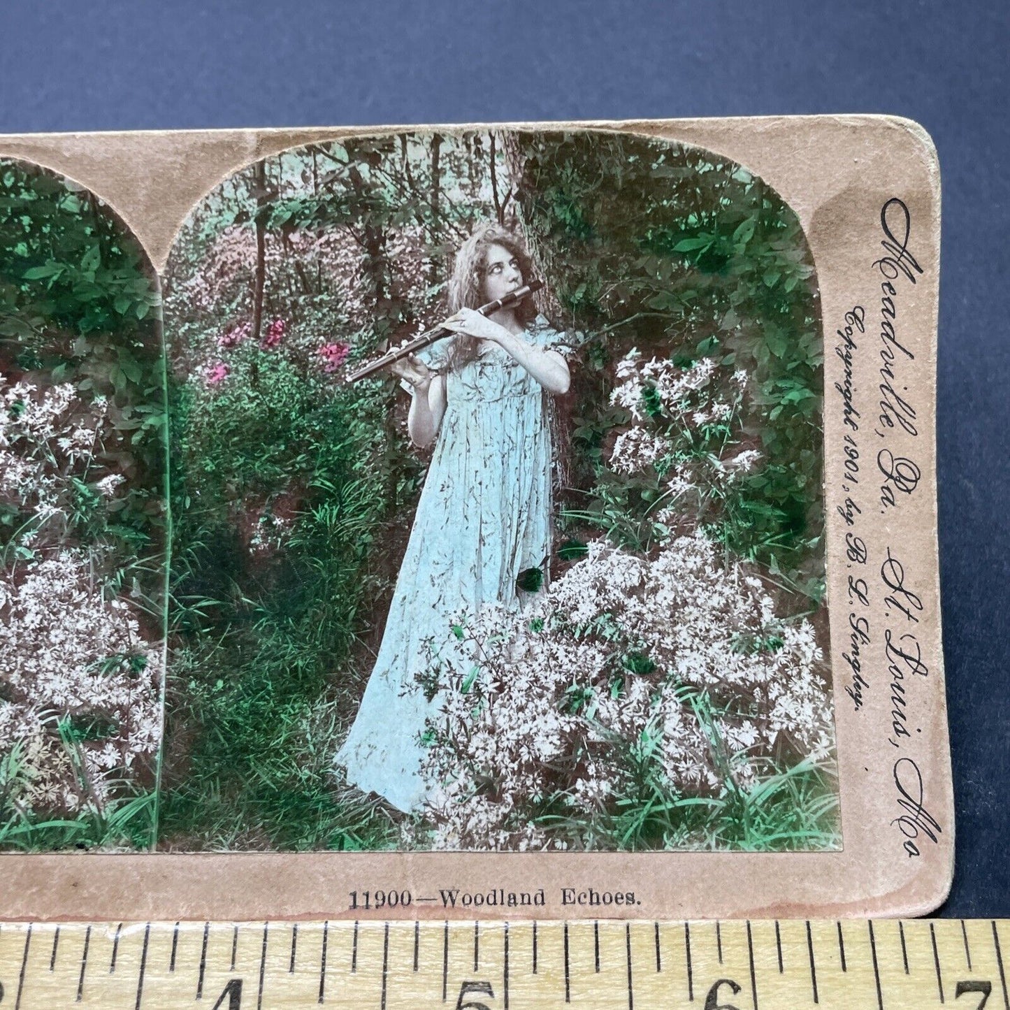 Antique 1901 A Maiden Plays The Flute In Nightgown Stereoview Photo Card P2617