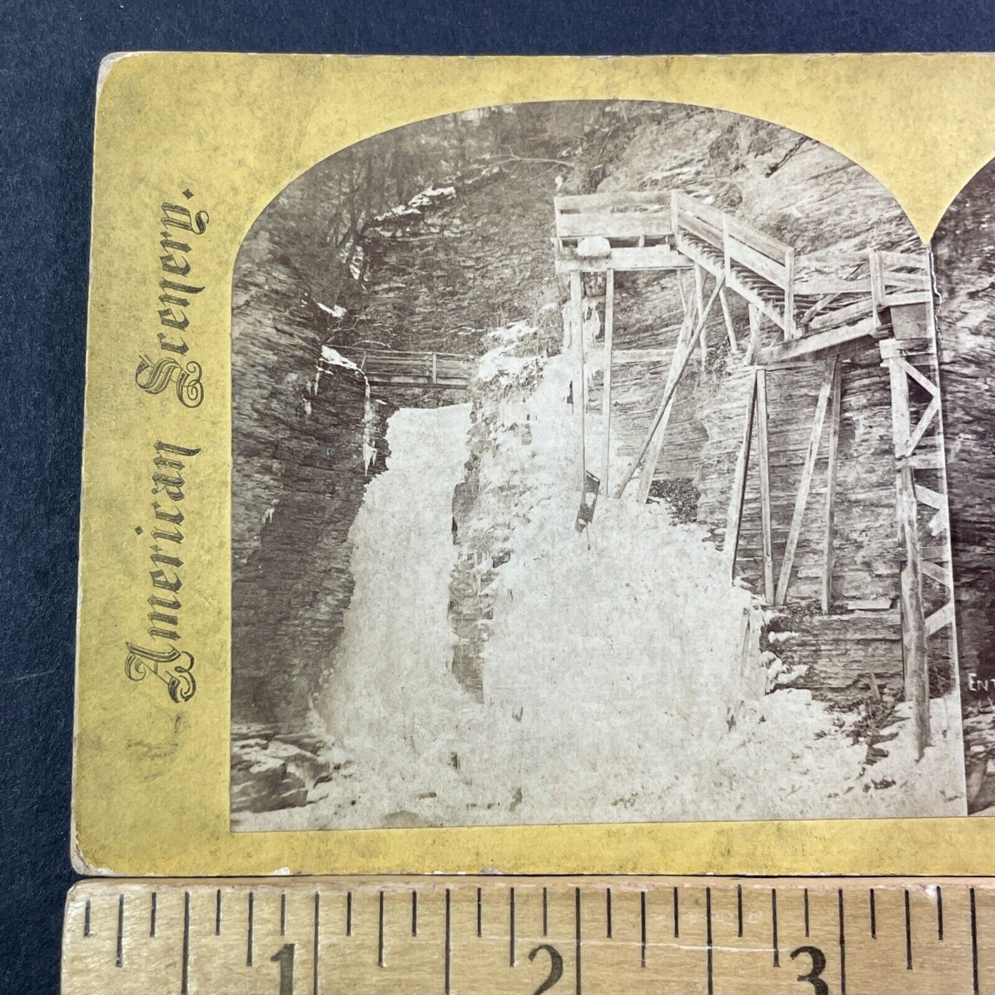 Winter Boardwalk Damage Stereoview Watkins Glen NY Photo Card Antique c1872 X990