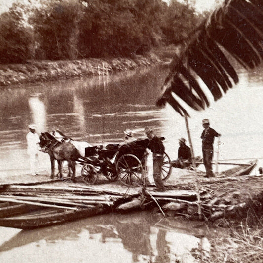 Antique 1899 US Troops Cross Pasig River Philippines Stereoview Photo Card P1291