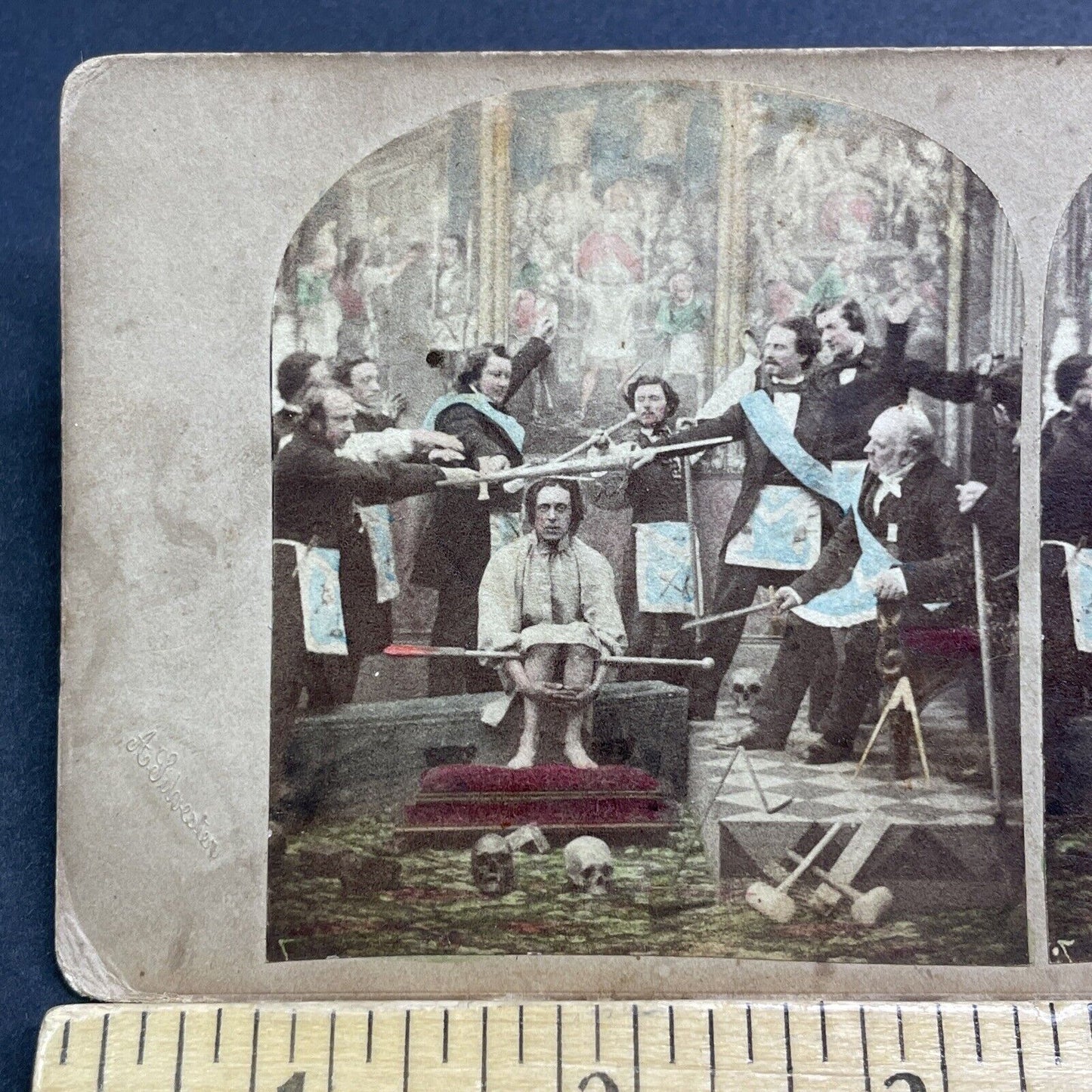 Antique 1860s Knight Kadosh Skull Ceremony Freemasons Stereoview Photo Card V473