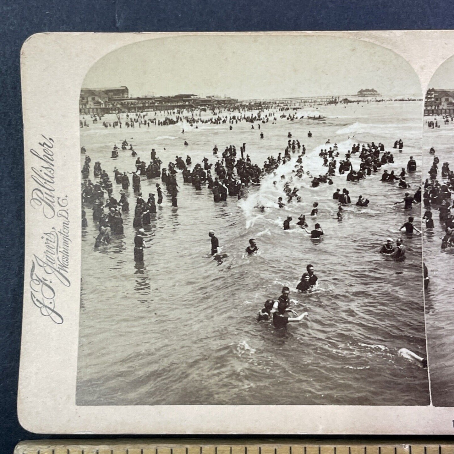 Swimming in the Ocean Stereoview Atlantic City New Jersey Antique c1897 Y522