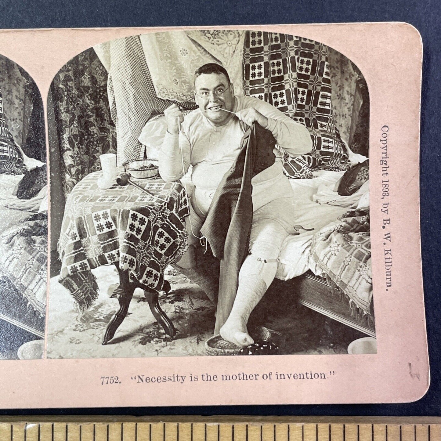 Man Flosses his Teeth with Sewing Thread Stereoview Antique c1893 Y1806