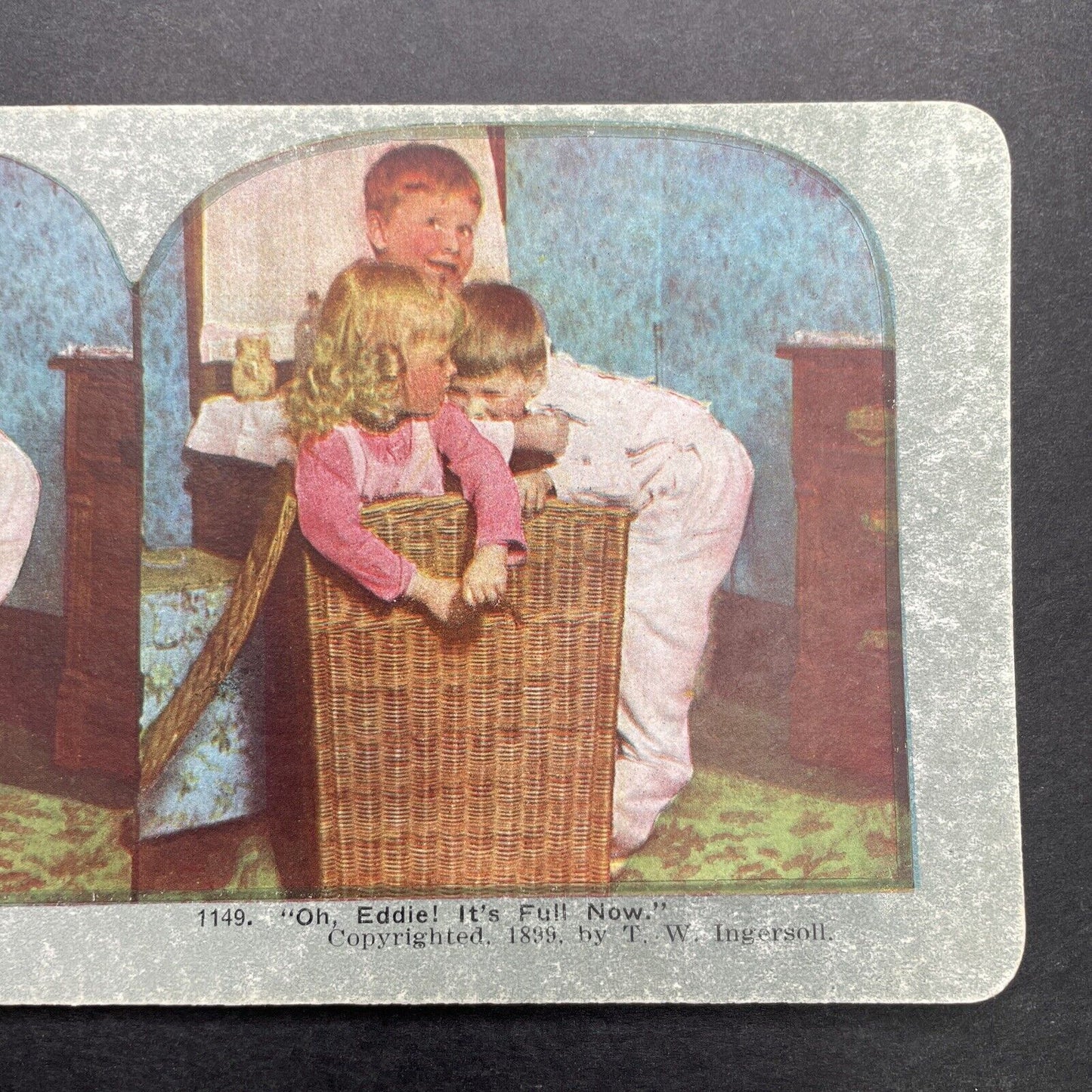 Antique 1899 Children Playing In A Clothes Hamper Stereoview Photo Card P580-048