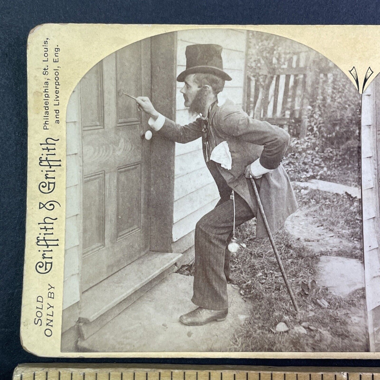 Drunk Man Can't Figure Out How To Open Door Stereoview Antique c1870s Y1345