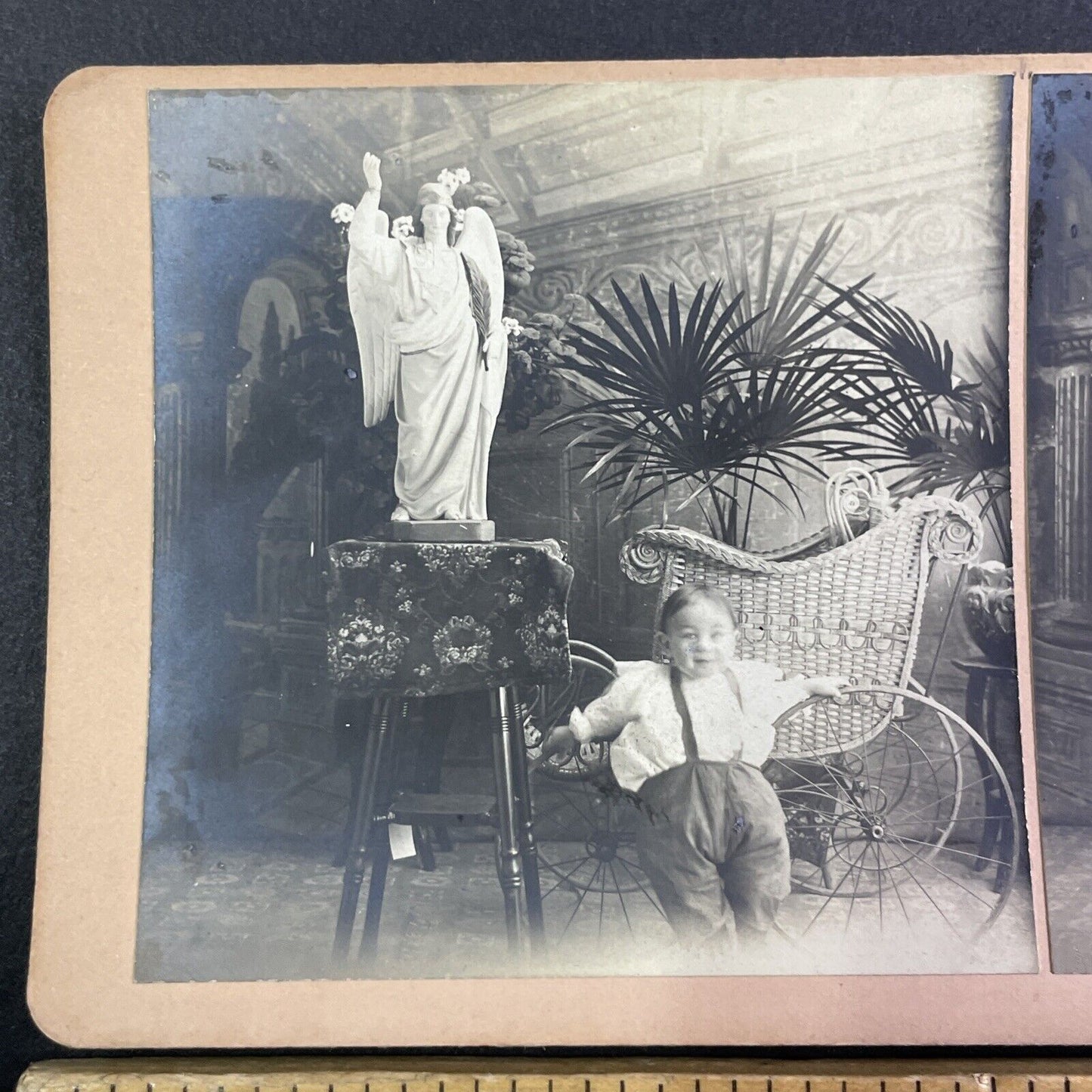 Baby is Strapped to a Pram Carriage for Photo Stereoview c1880s Y1319