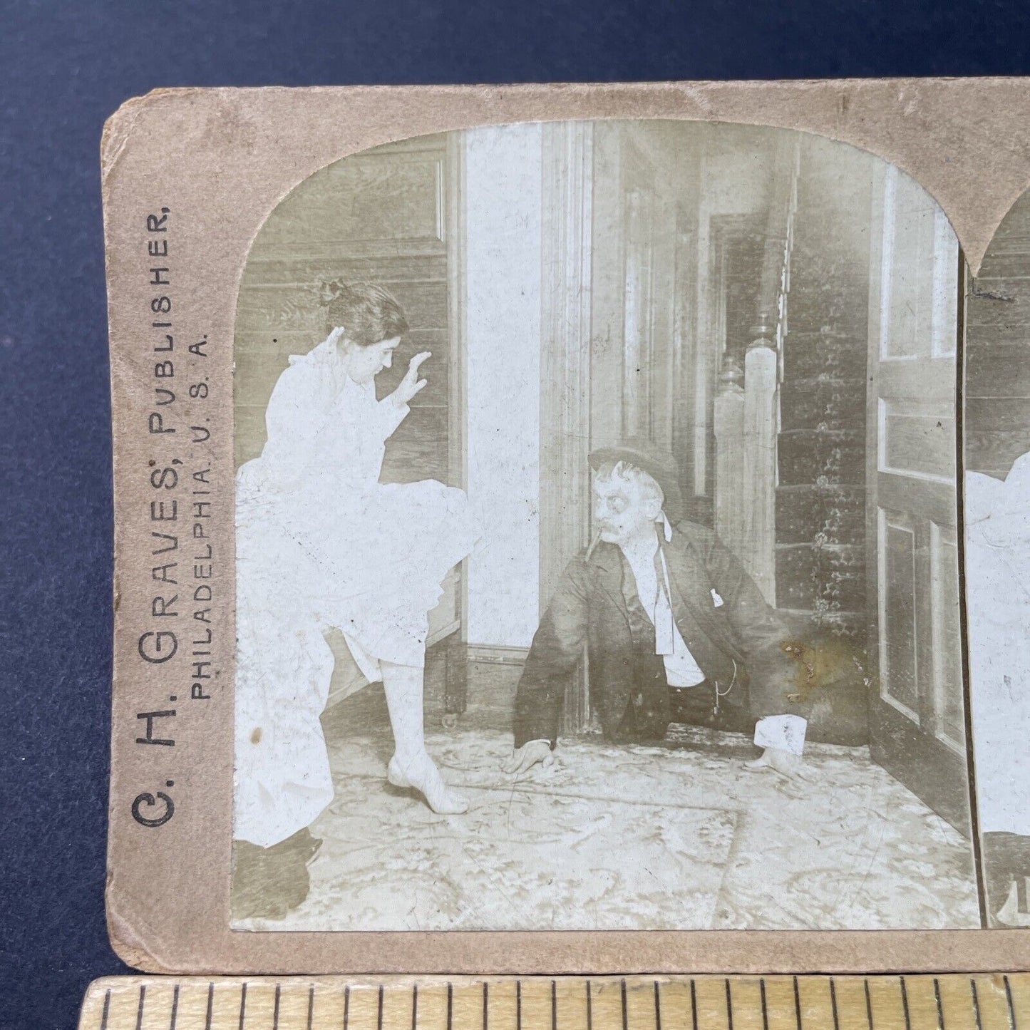 Antique 1897 Drunk & Beaten Up Man Crawls Home Stereoview Photo Card P2989