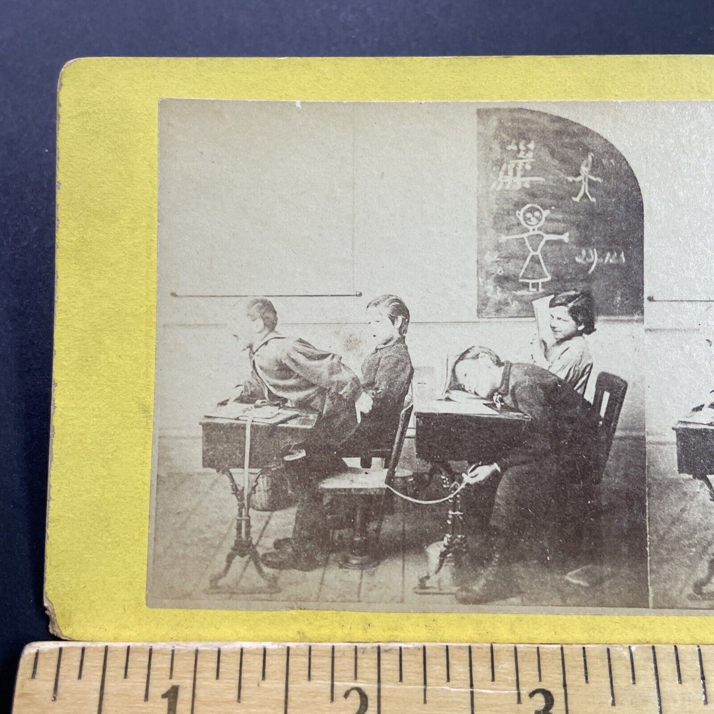 Antique 1870s Boys Put Tack On Students Chair Stereoview Photo Card P4108