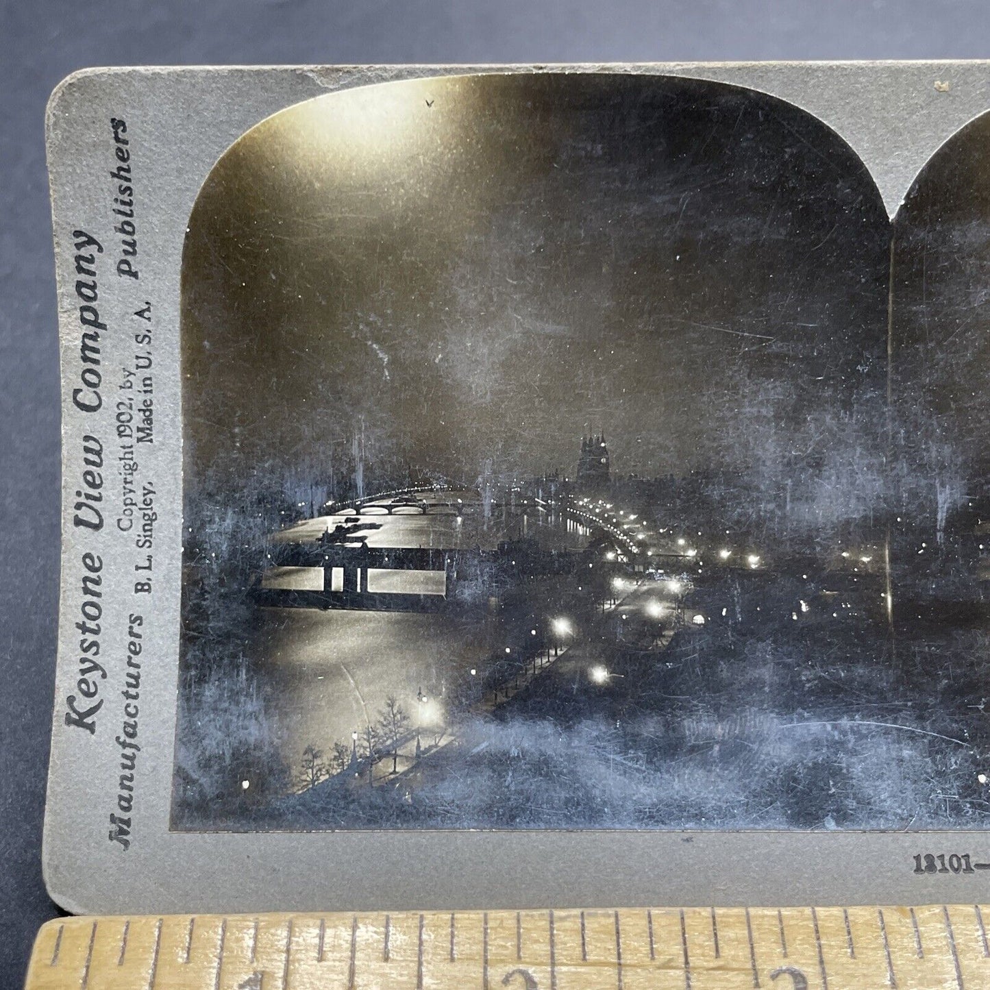 Antique 1902 London Night View Thames River Stereoview Photo Card P2054