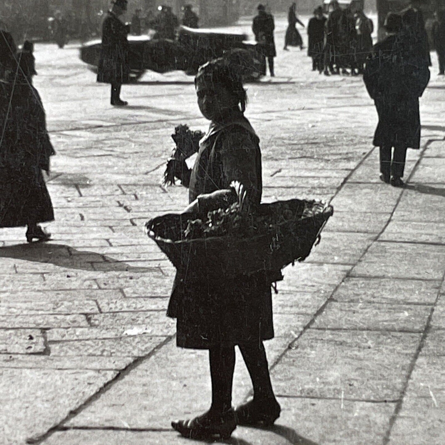 Antique 1925 Child Selling Flowers Turin Italy OOAK Stereoview Photo Card 3225