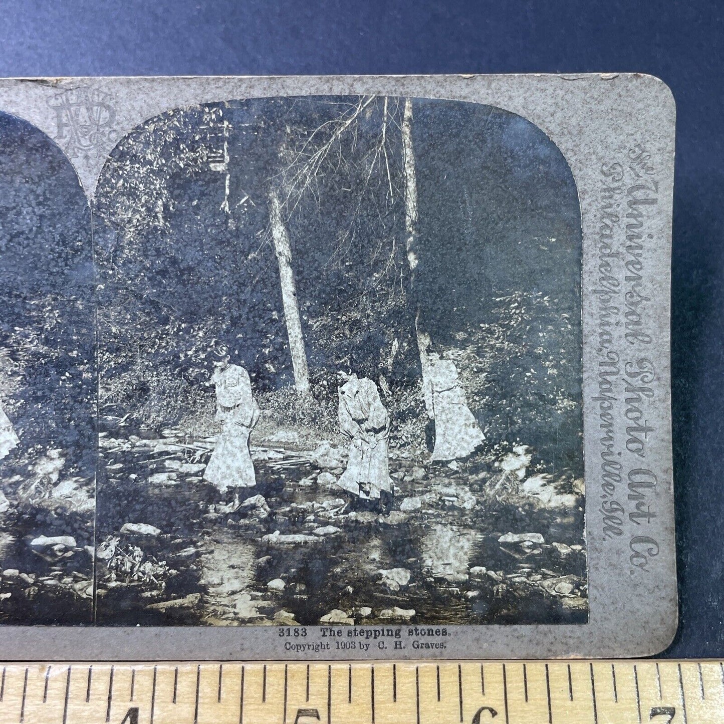 Antique 1903 Women Cross River In Flower Dresses Stereoview Photo Card P2975