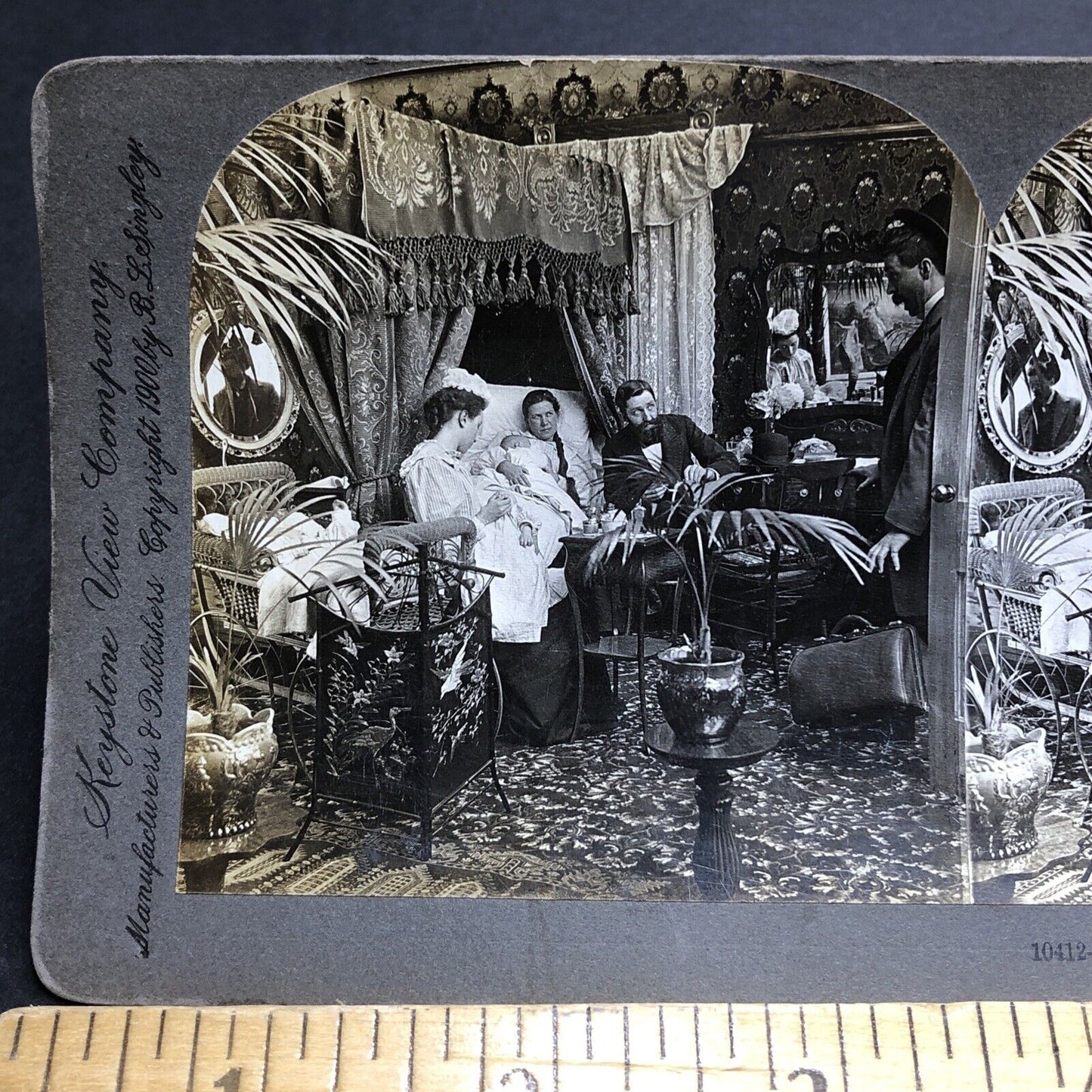 Antique 1900 Doctor Surprised By Twins Childbirth Stereoview Photo Card P1961