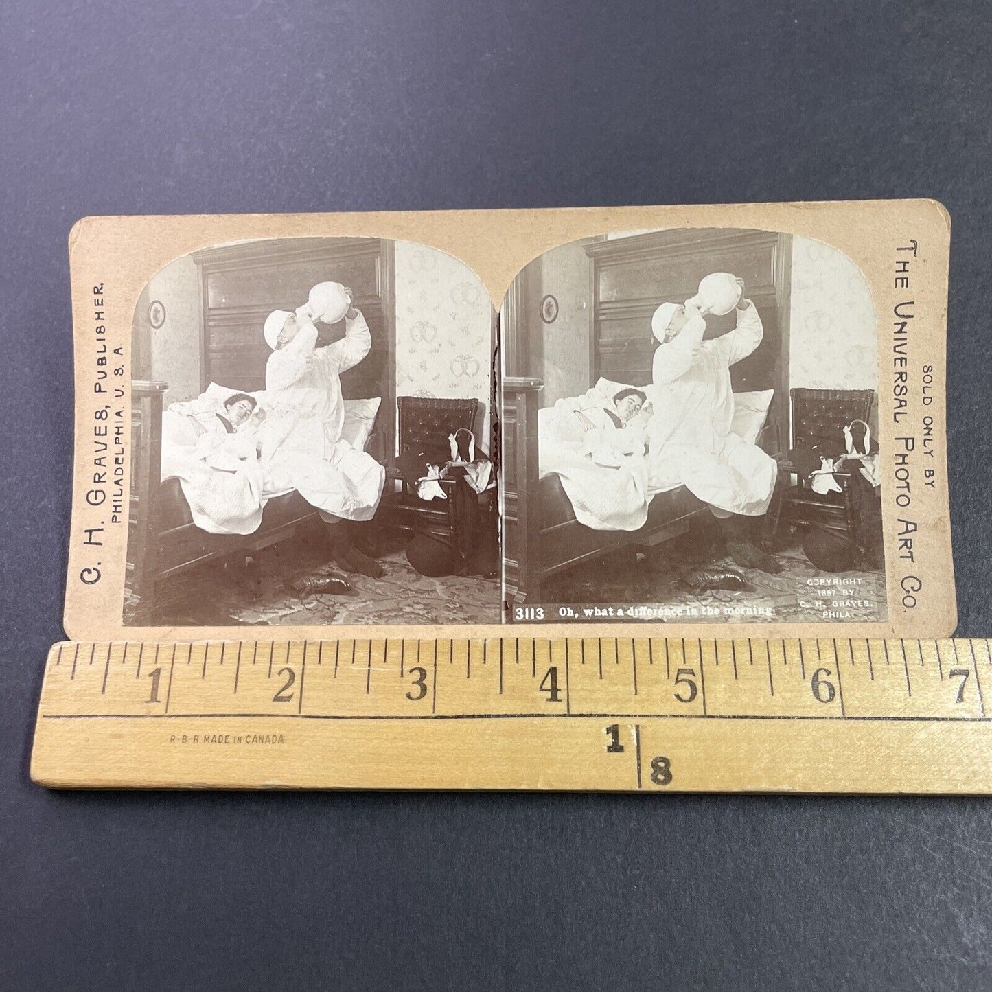 Antique 1897 Drunk Man Drinks From Spittoon Stereoview Photo Card P3468