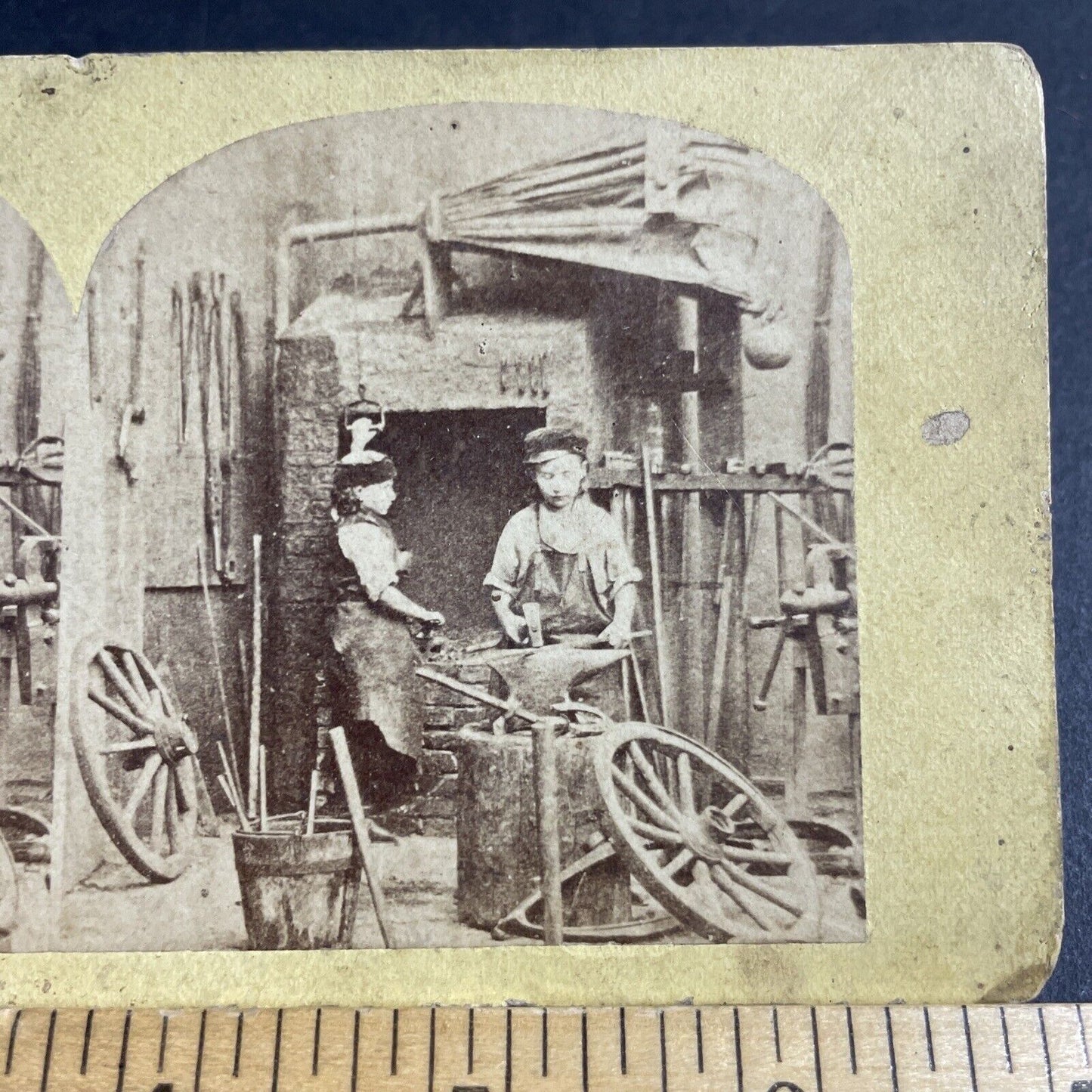 Antique 1860s Young Boys Working As Blacksmiths Stereoview Photo Card P4074