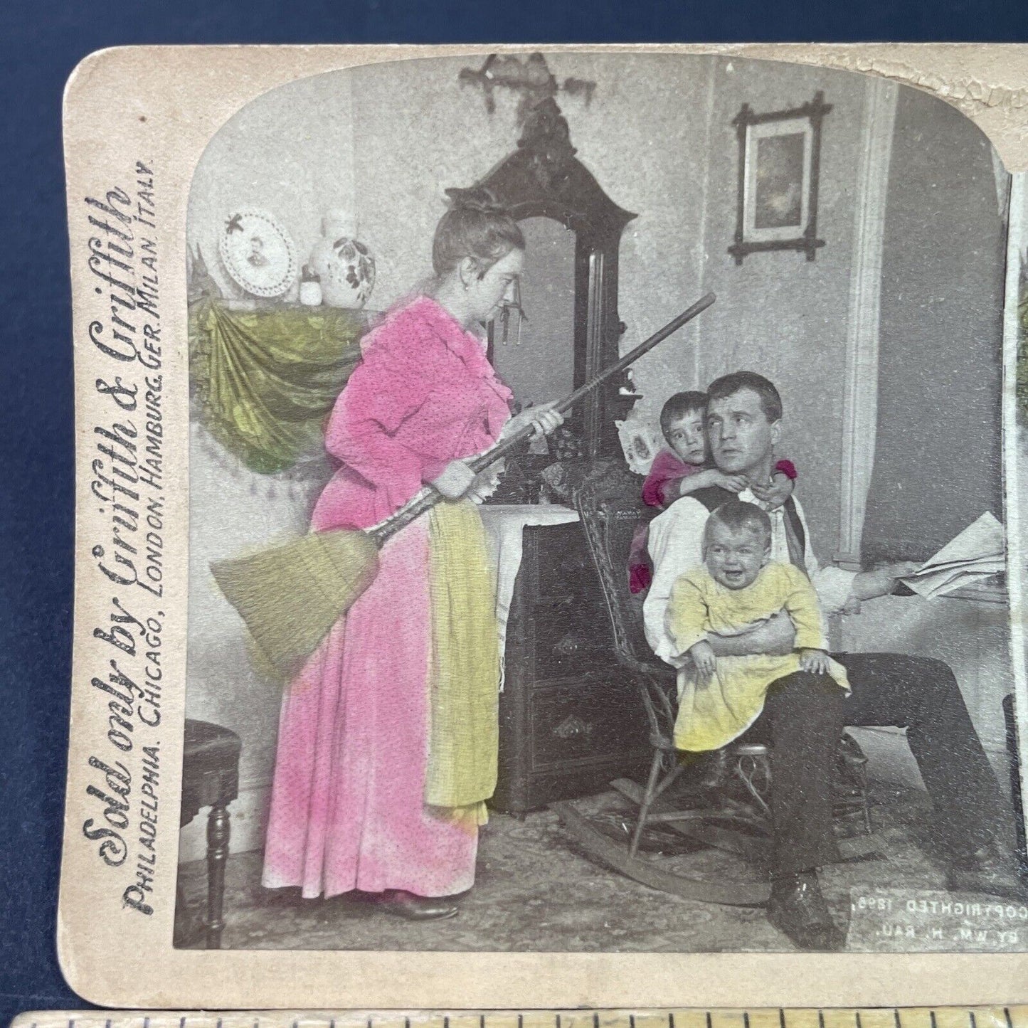 Antique 1890s Woman Threatens Husband With A Broom Stereoview Photo Card P3364