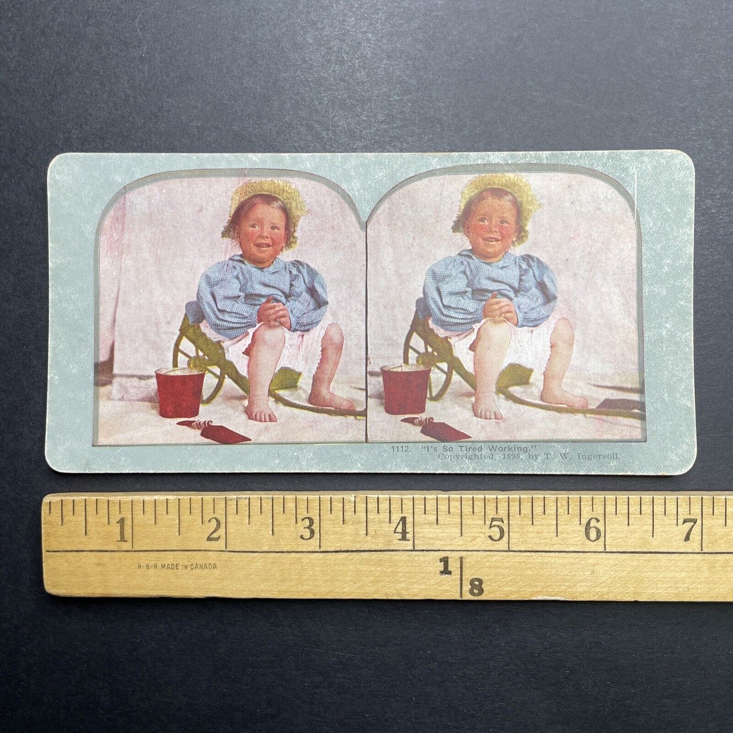 Antique 1898 Child Sitting In A Small Wagon Stereoview Photo Card P1238