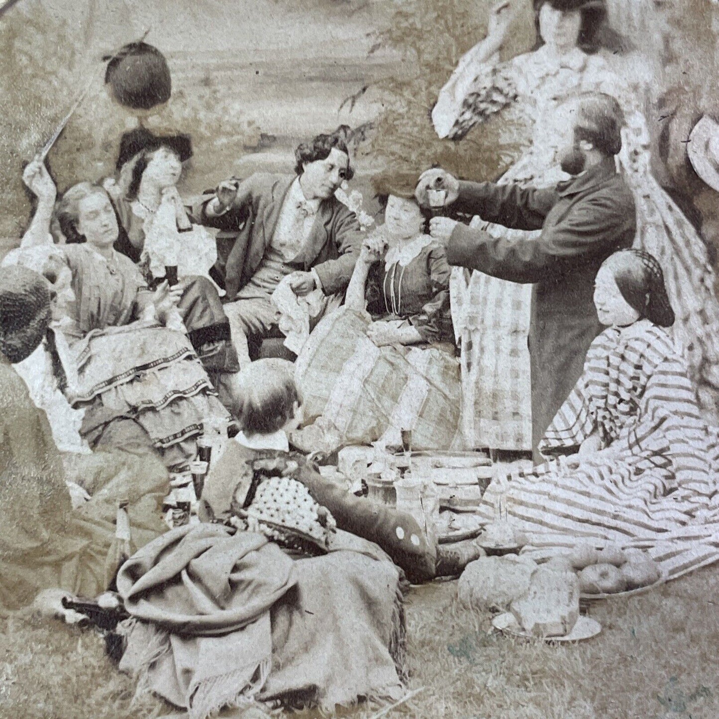 Family Picnic Drinking Wine Stereoview French Tissue Antique c1860s XT2123