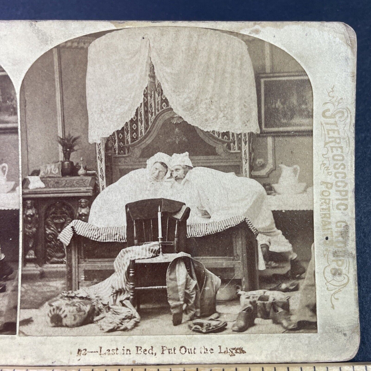 Antique 1876 Married Couple Races Each Other To Bed Stereoview Photo Card P3340