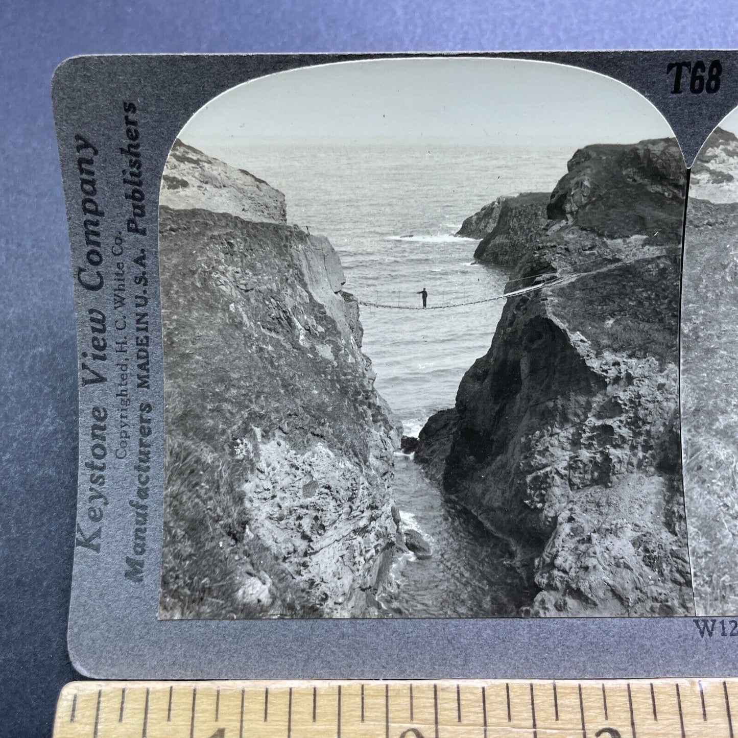 Antique 1920s Man Balancing On Rope Bridge Ireland Stereoview Photo Card V3591