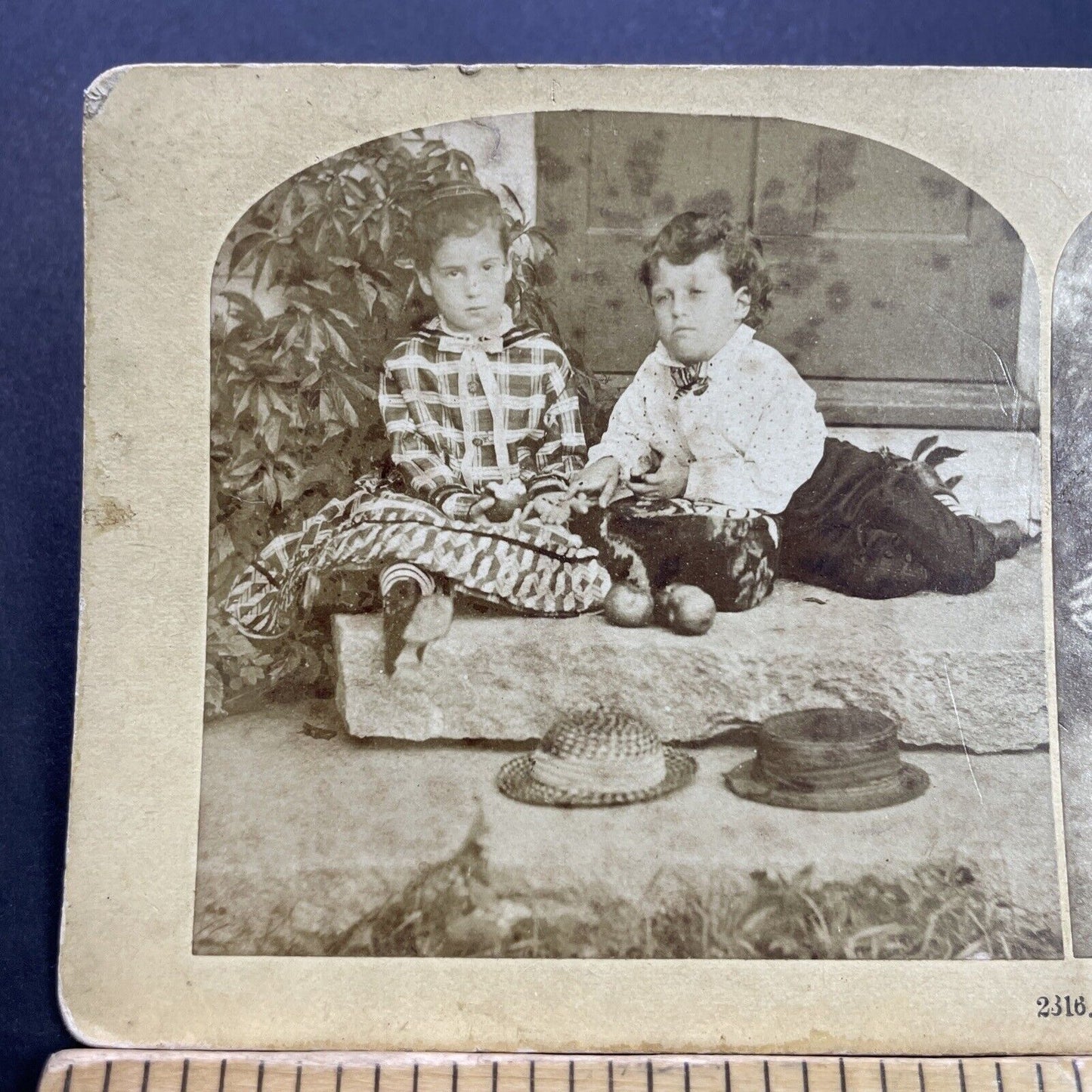 Antique 1876 Children Eating Apples On A Stoop Stereoview Photo Card P3535