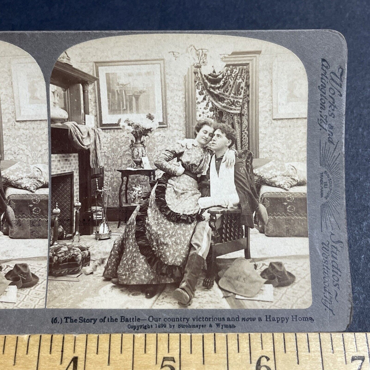 Antique 1899 Woman Hugs Wounded US Soldier Stereoview Photo Card P4753