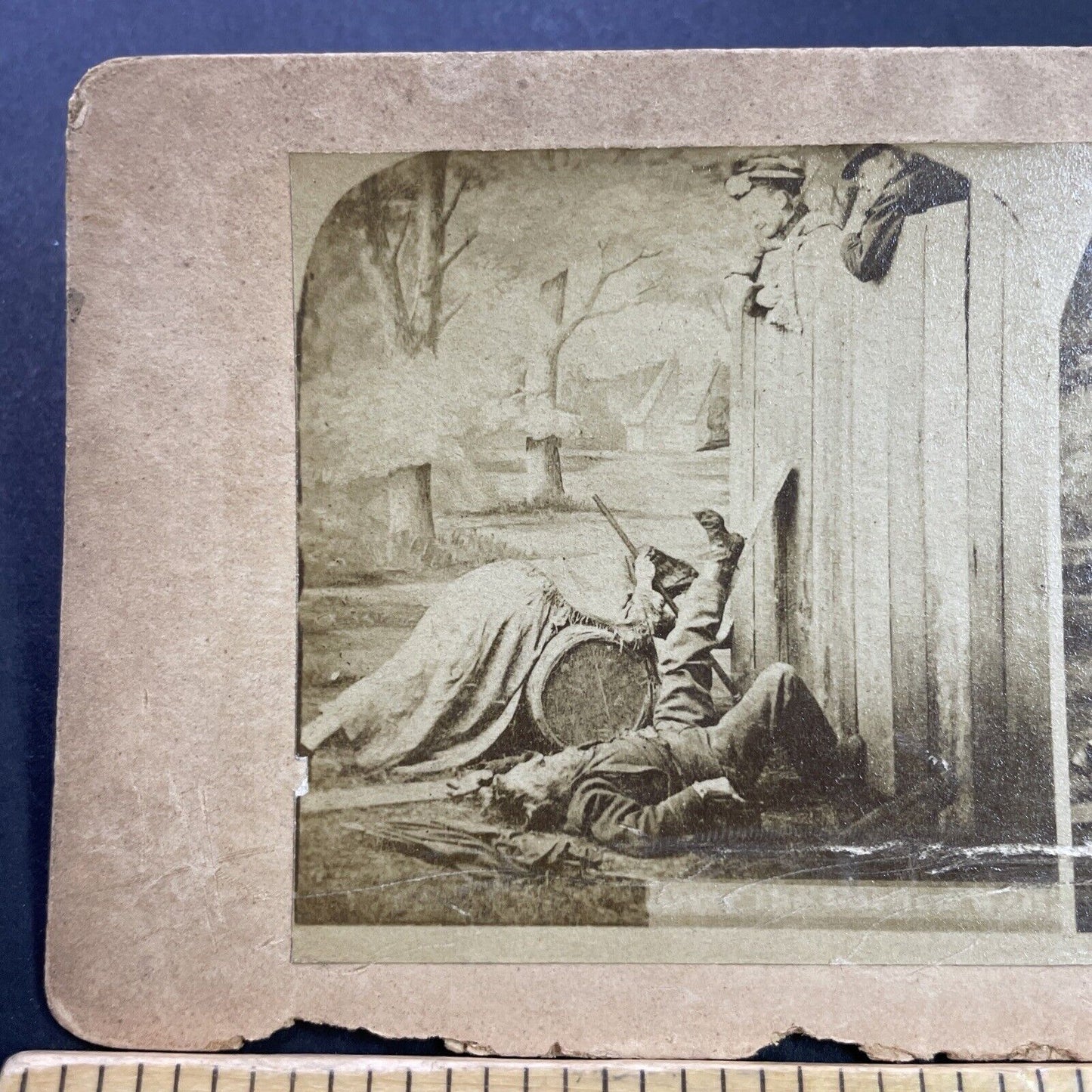 Antique 1870s Man Is Pushed Off Of Fence Stereoview Photo Card P4096