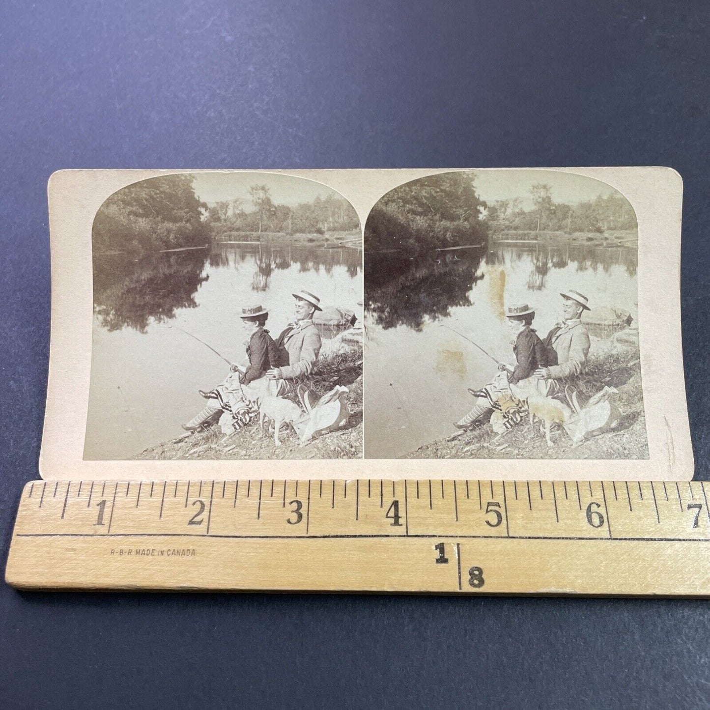 Antique 1890s Man Pulls Womans Dress While Fishing Stereoview Photo Card P3995