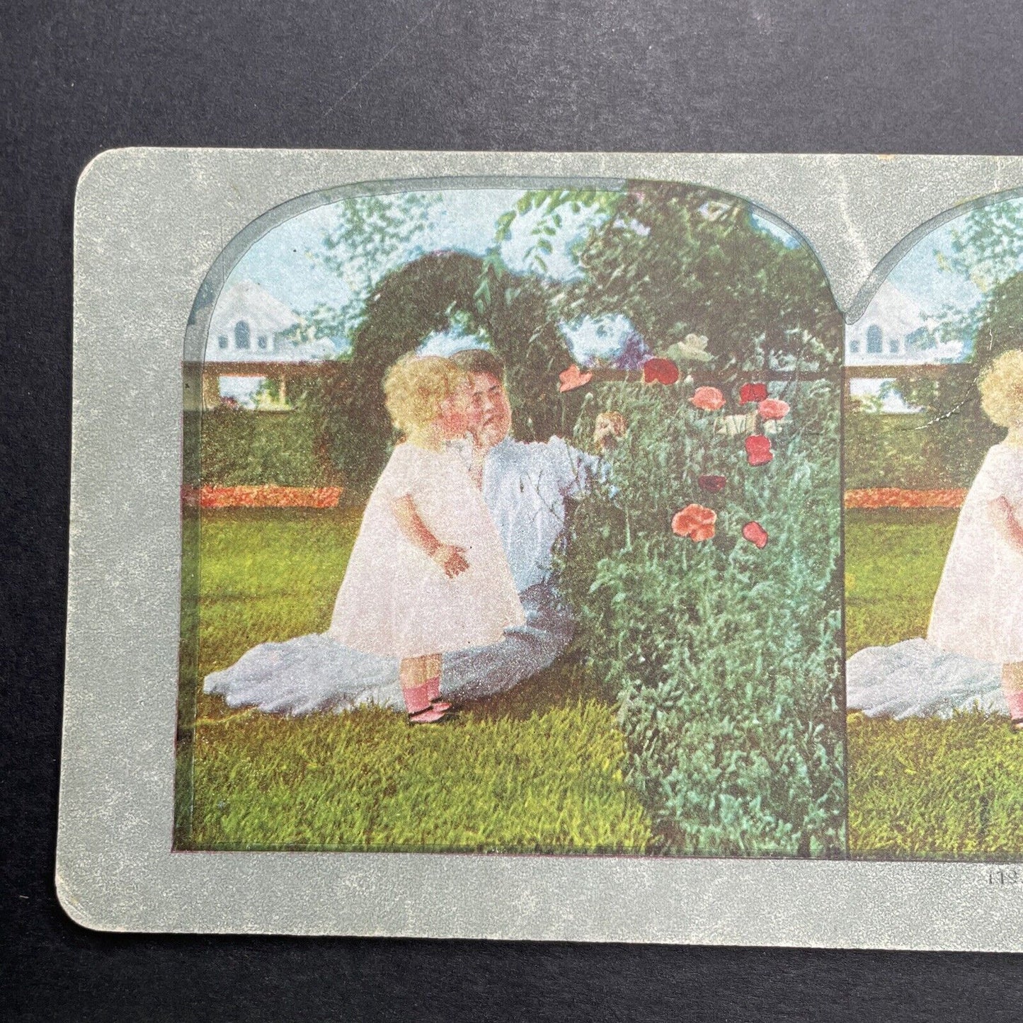 Antique 1898 Mother And Child Picking Flowers Stereoview Photo Card P1219