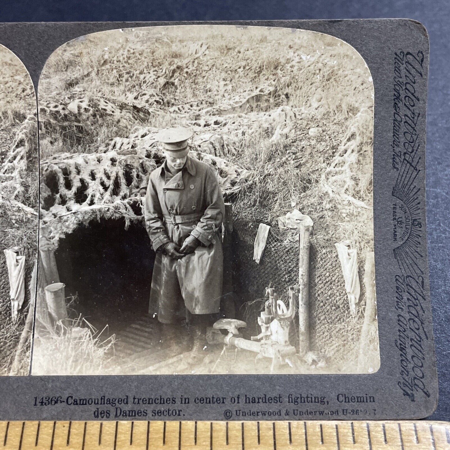 Antique 1917 US Army Officer French WW1 Trench Stereoview Photo Card P4946