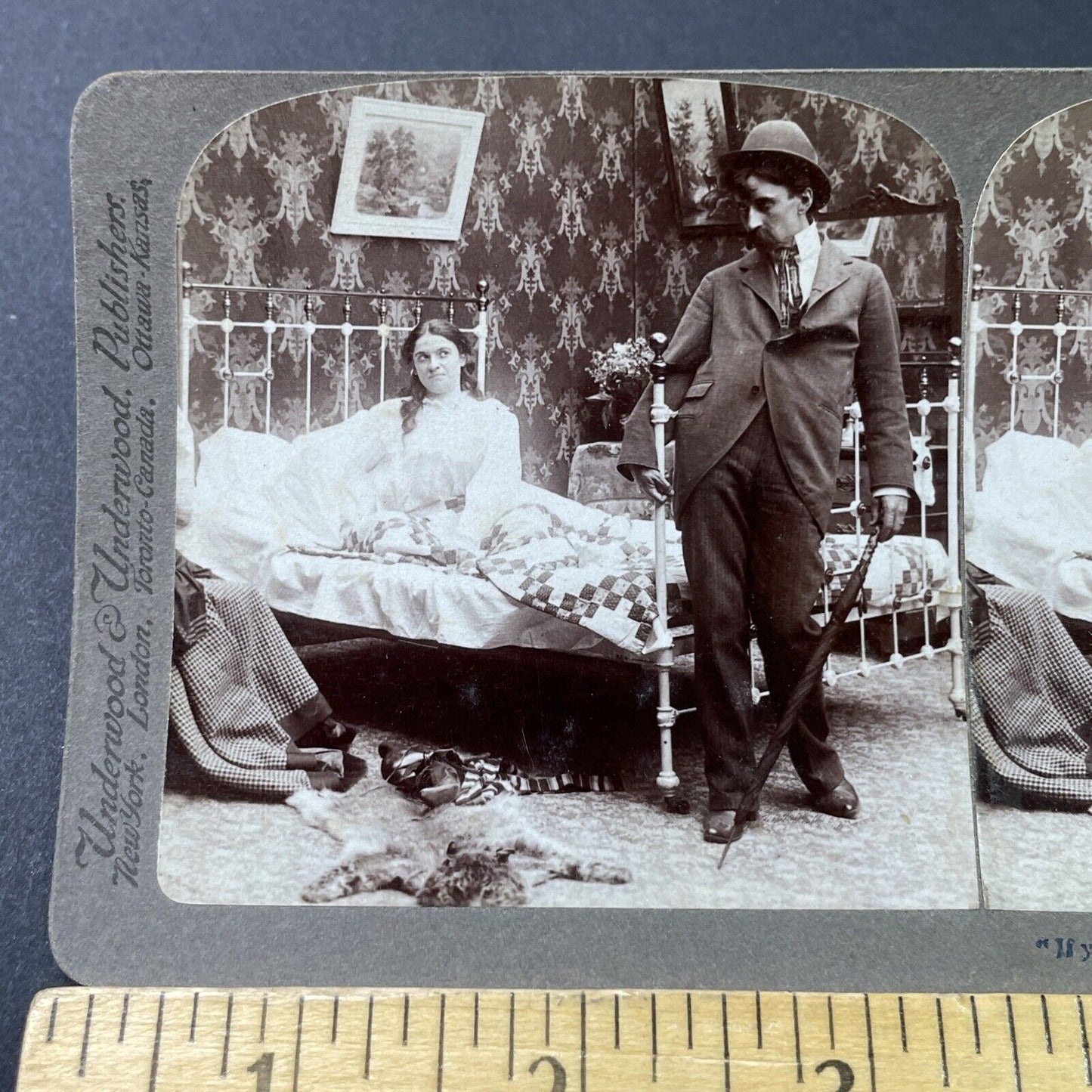 Antique 1897 Drunk Man Stumbles Home To Wife Stereoview Photo Card P2835