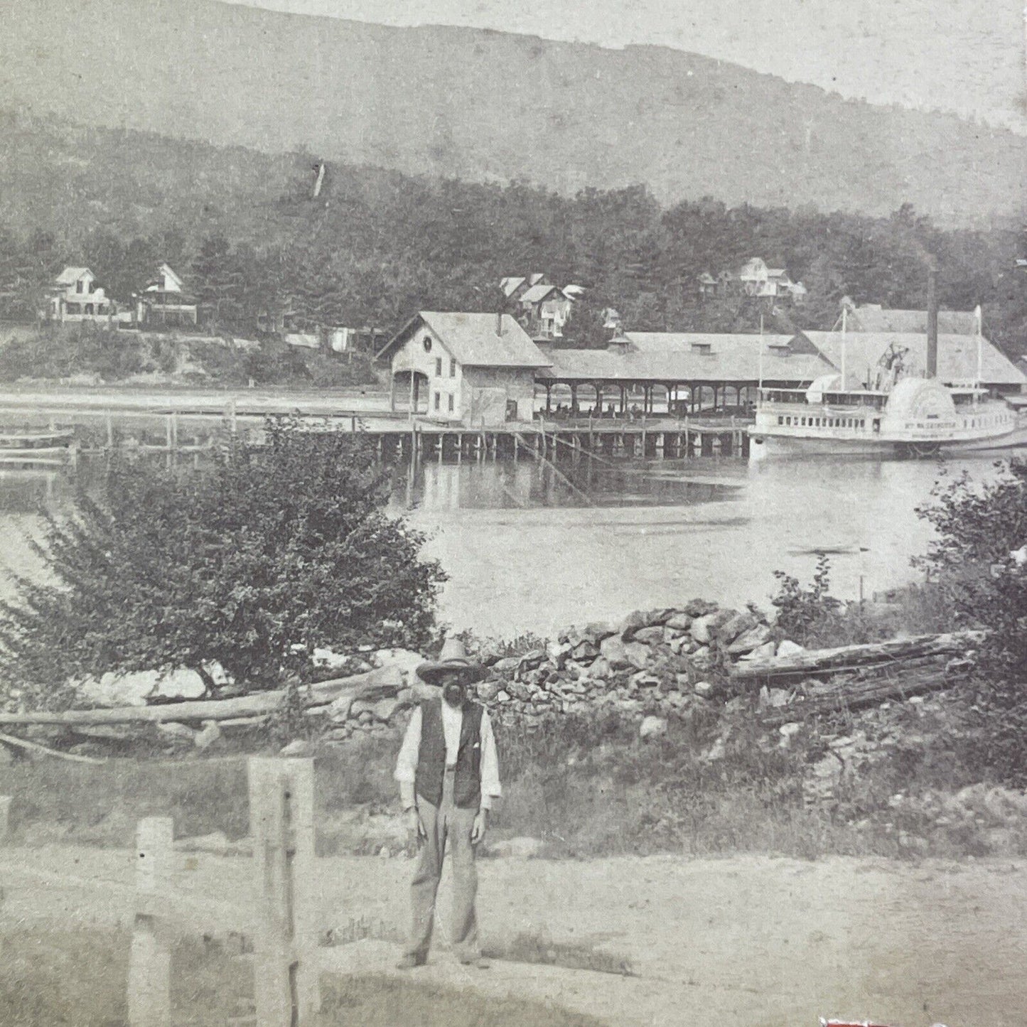 Side-Wheel Steamboat Stereoview Alton Bay New Hampshire Antique c1875 Y914