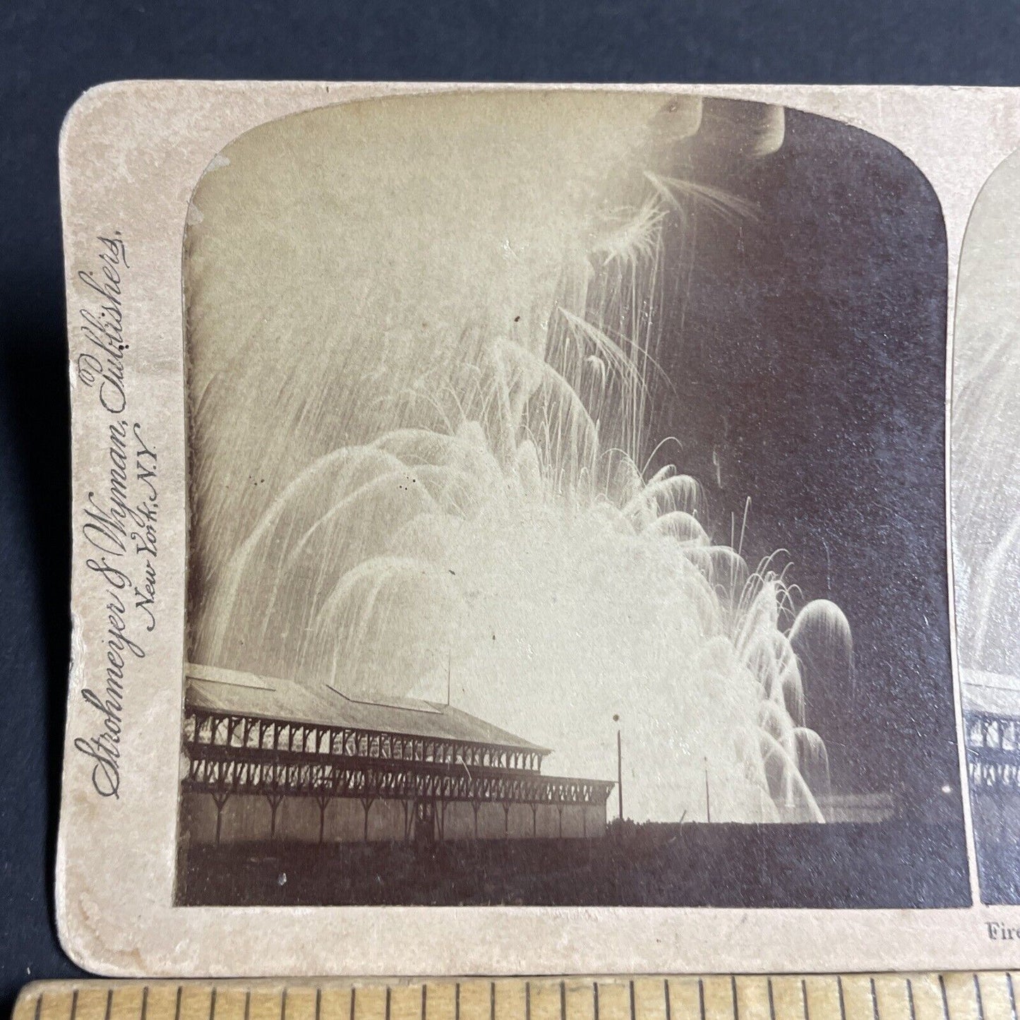 Antique 1898 Fireworks Display Omaha Nebraska Stereoview Photo Card P4320