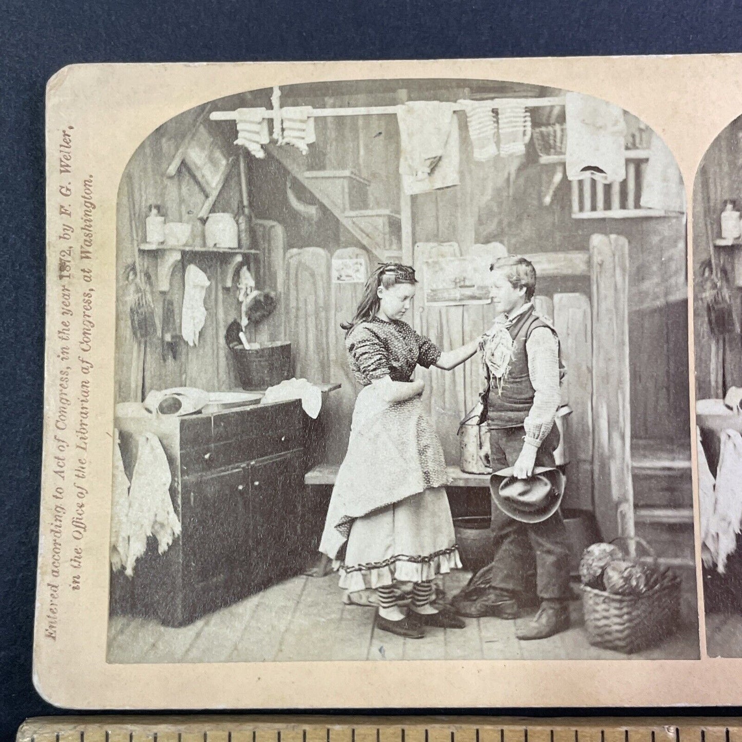 Young Woman Washes Mud off Young Man's Shirt Stereoview Antique c1872 Y1313