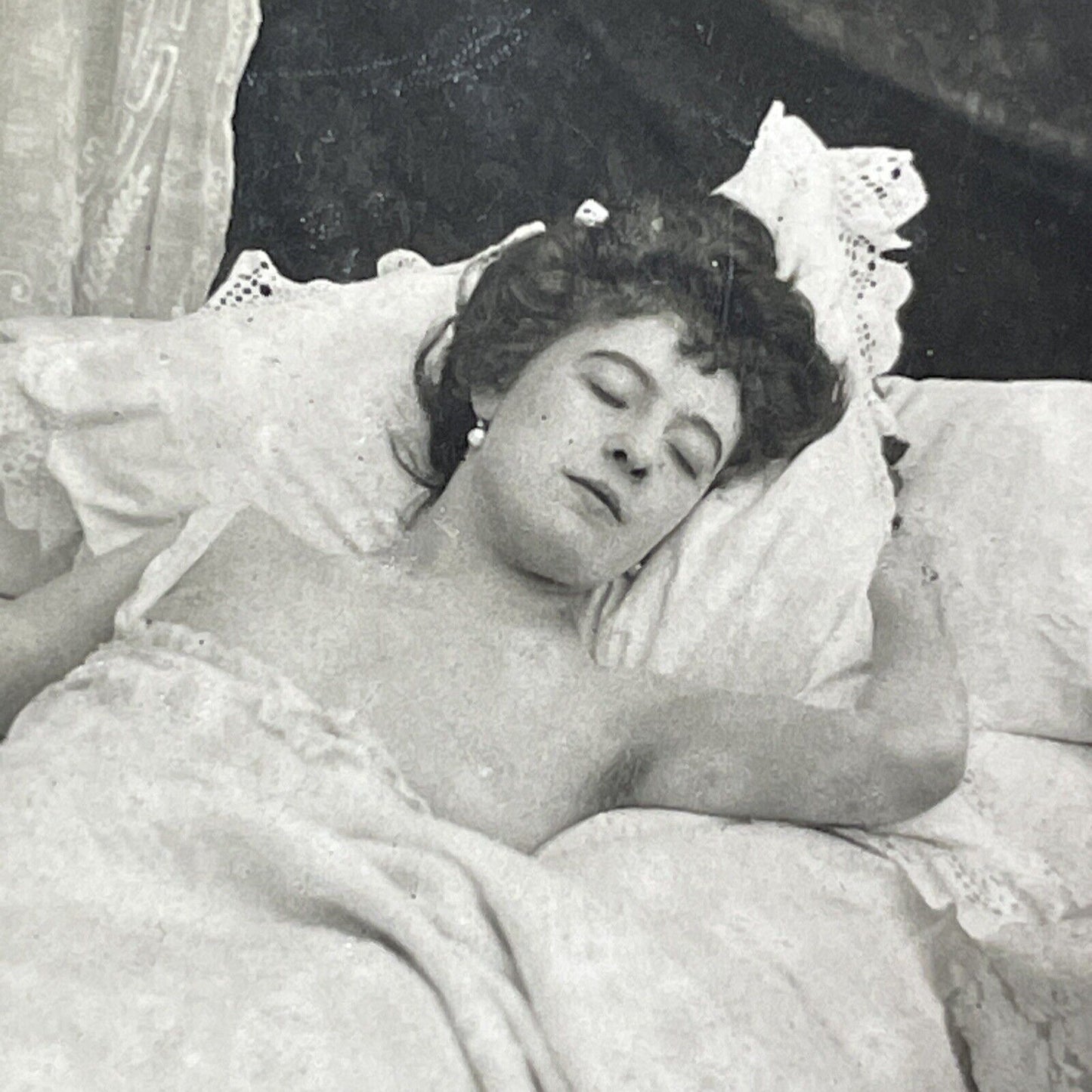 Nude French Woman Sleeping in Bed Stereoview C. Bonfort Antique c1899 Y021