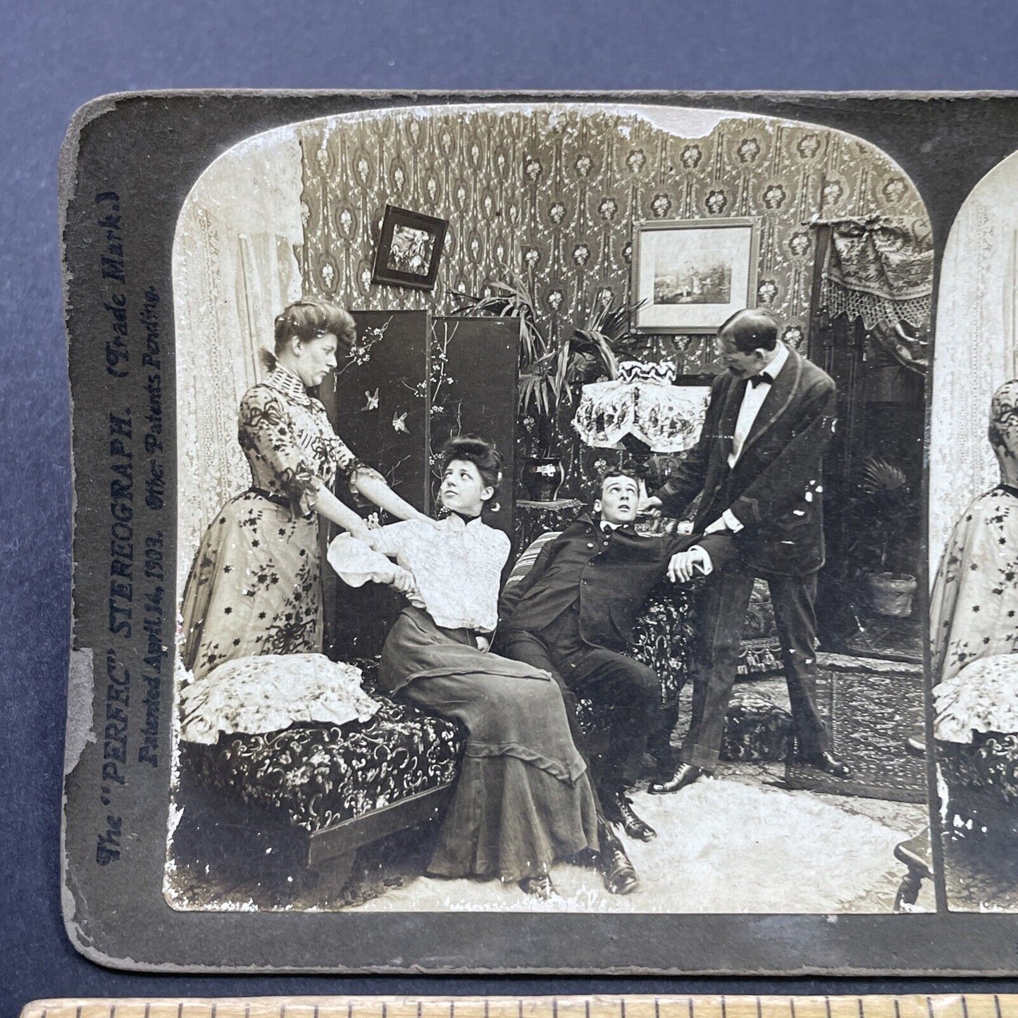 Antique 1903 Parents Catch Lovers In Parlor Stereoview Photo Card P2649